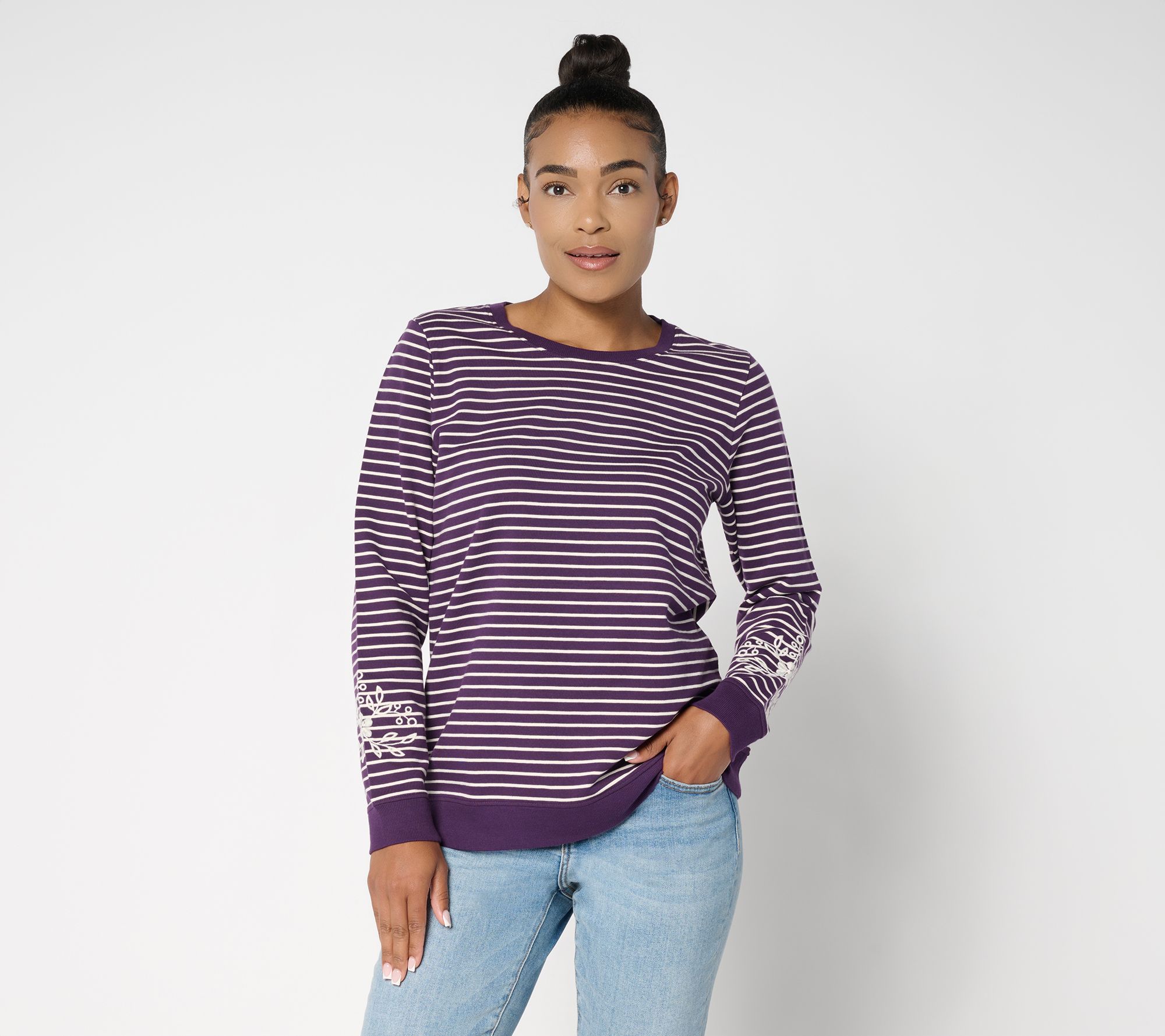 Denim & Co. Yarn Dye Stripe French Terry Pullover with Embroidery