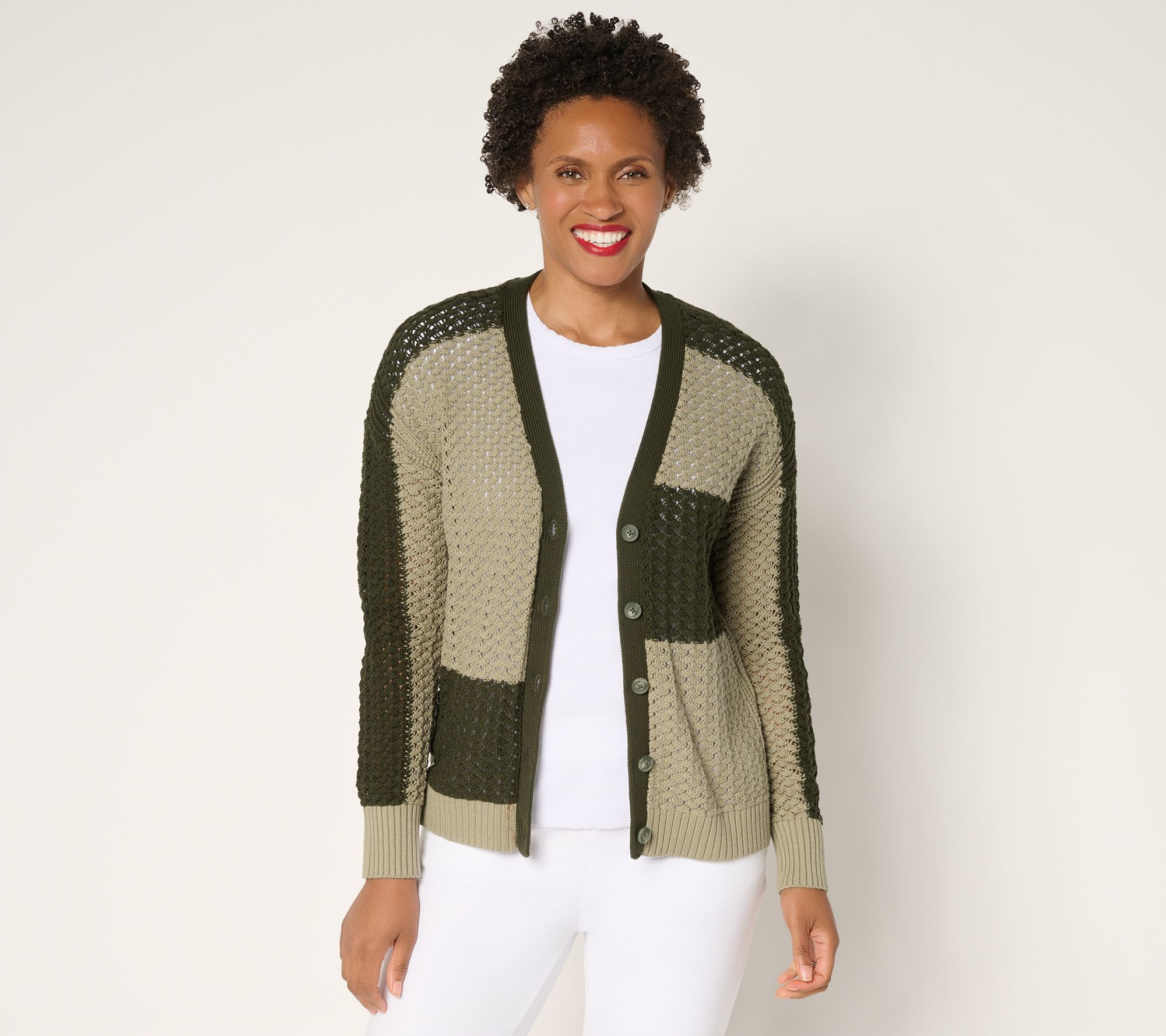 AnyBody Cotton Color Block Button Front Sweater Cardigan