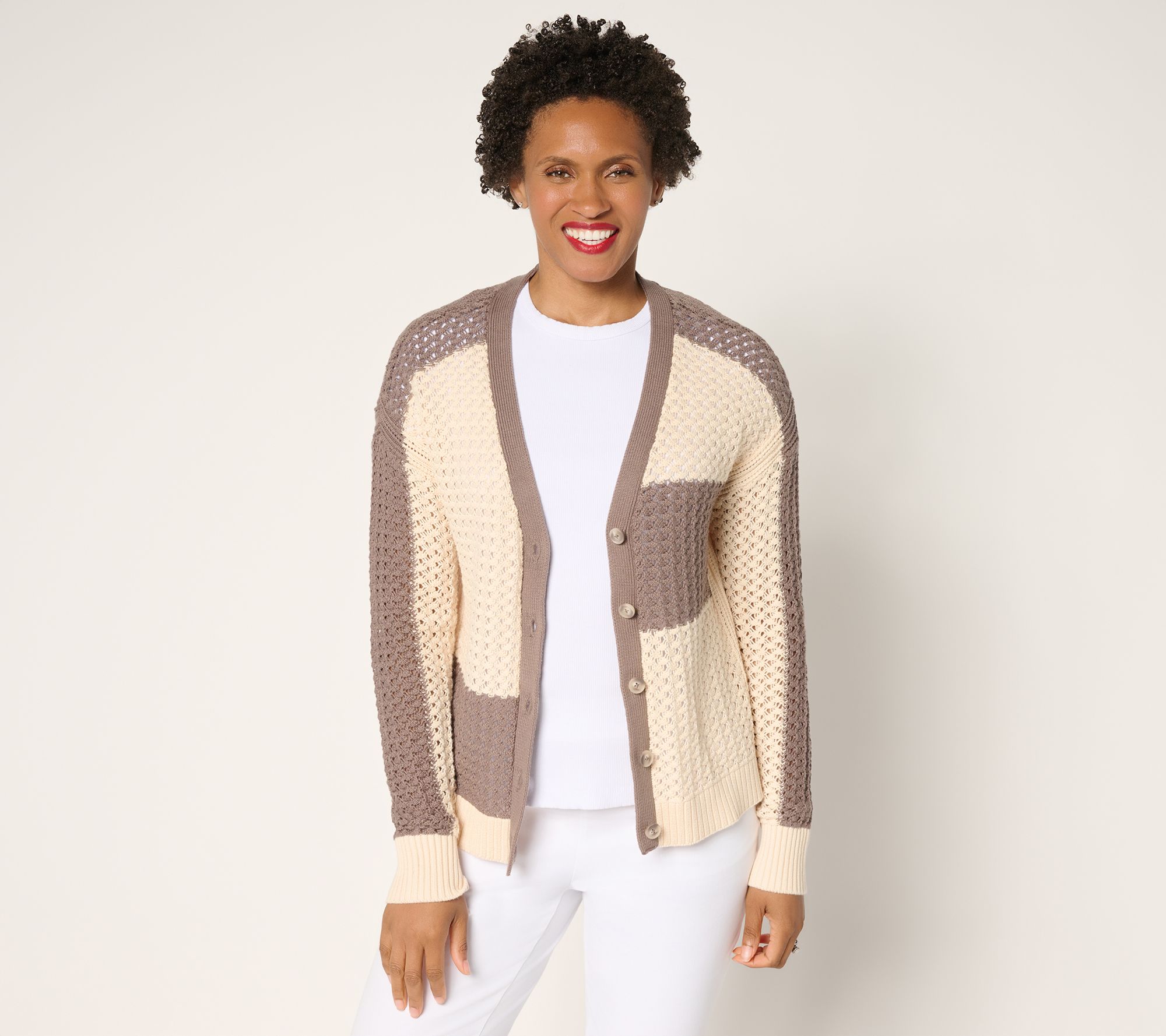 AnyBody Cotton Color Block Button Front Sweater Cardigan