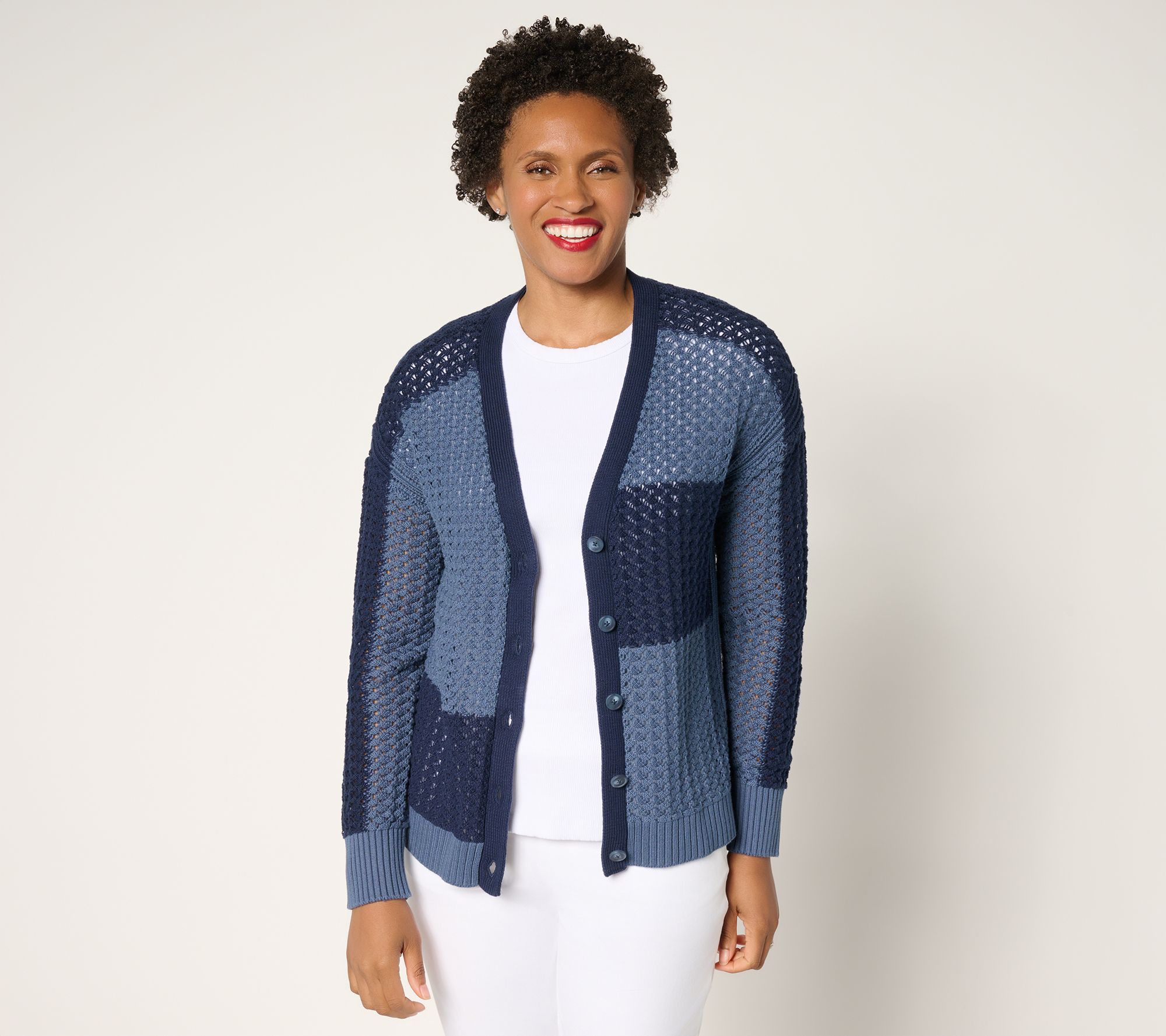 AnyBody Cotton Color Block Button Front Sweater Cardigan