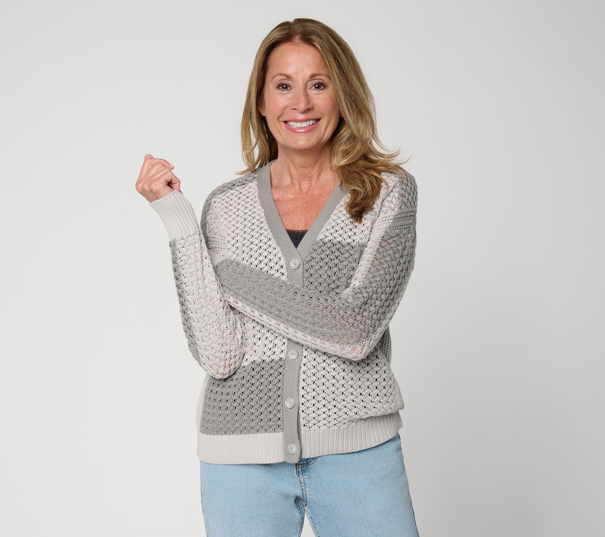 AnyBody Cotton Color Block Button Front Sweater Cardigan