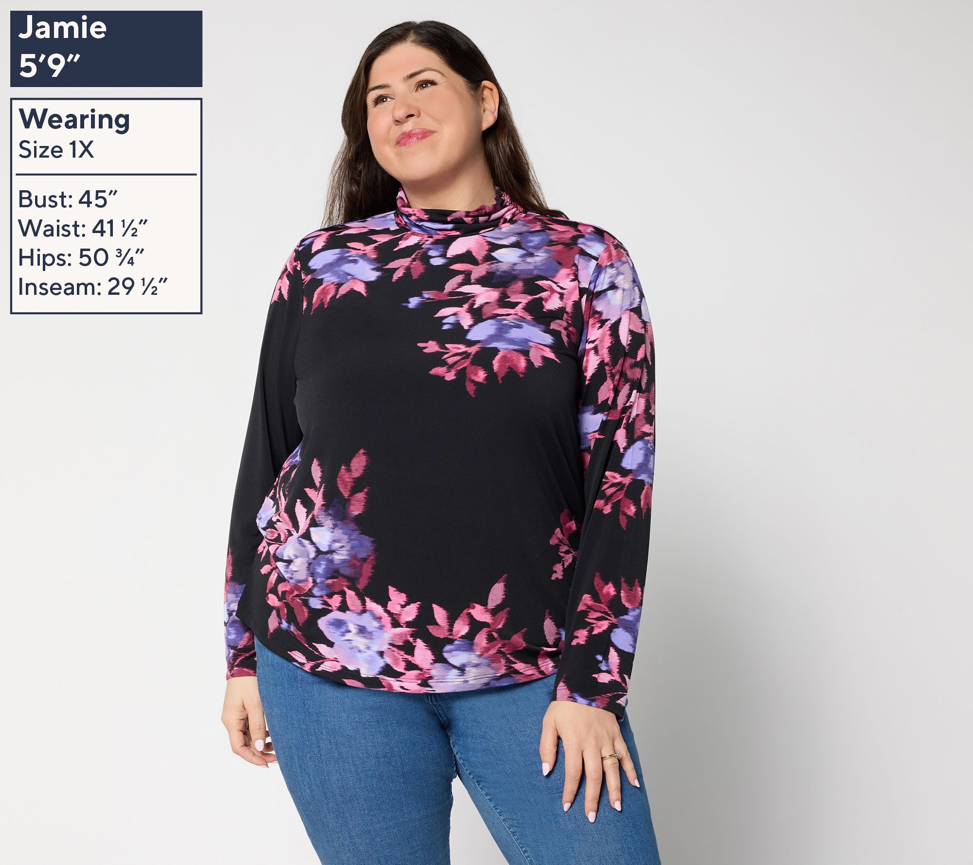 Susan Graver Printed Liquid Knit Mock-Neck Ruched Long Sleeve Top