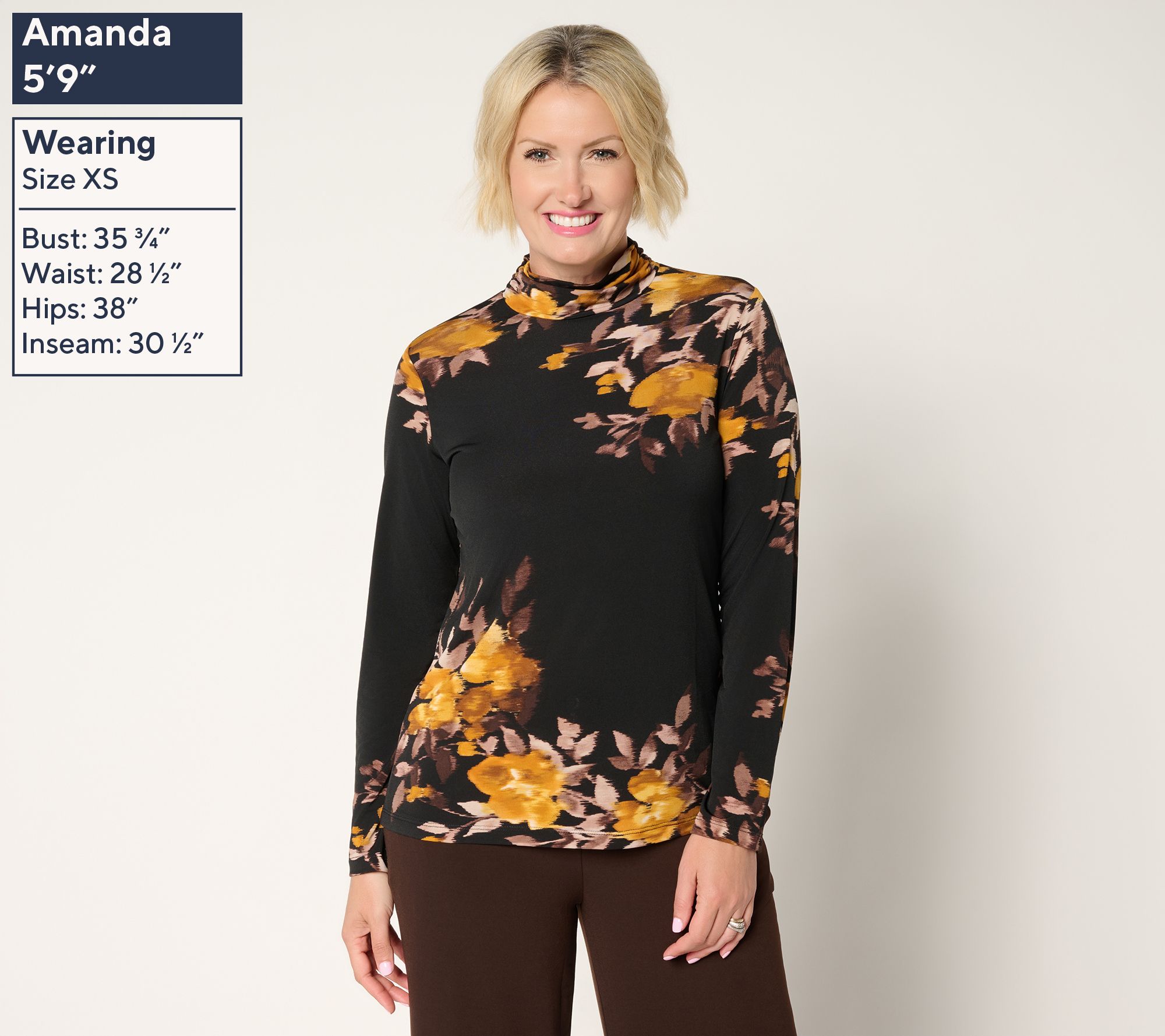 Susan Graver Printed Liquid Knit Mock-Neck Ruched Long Sleeve Top