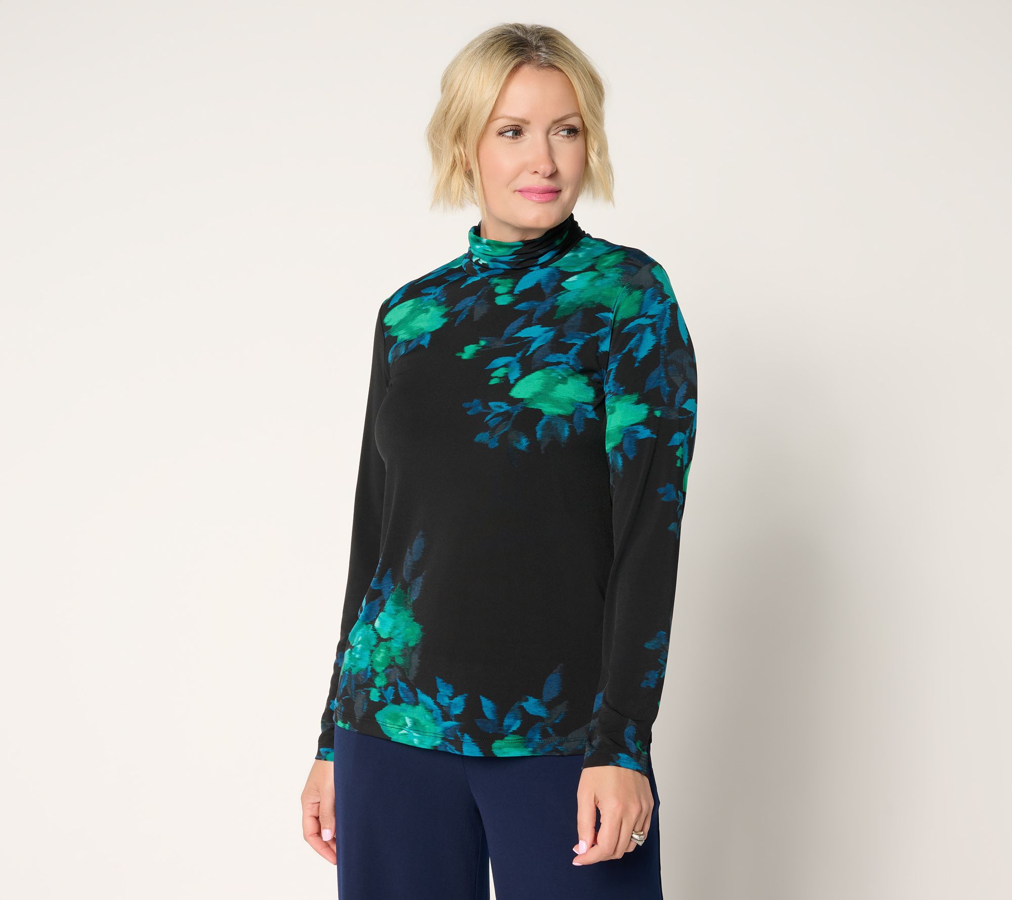 Susan Graver Printed Liquid Knit Mock-Neck Ruched Long Sleeve Top