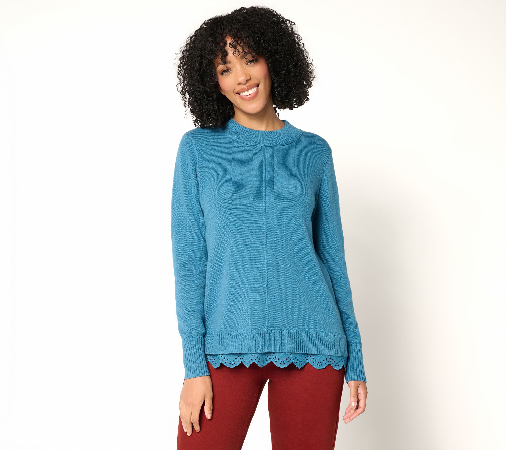 LOGO by Lori Goldstein Cotton Cashmere Sweater with Eyelet Trim
