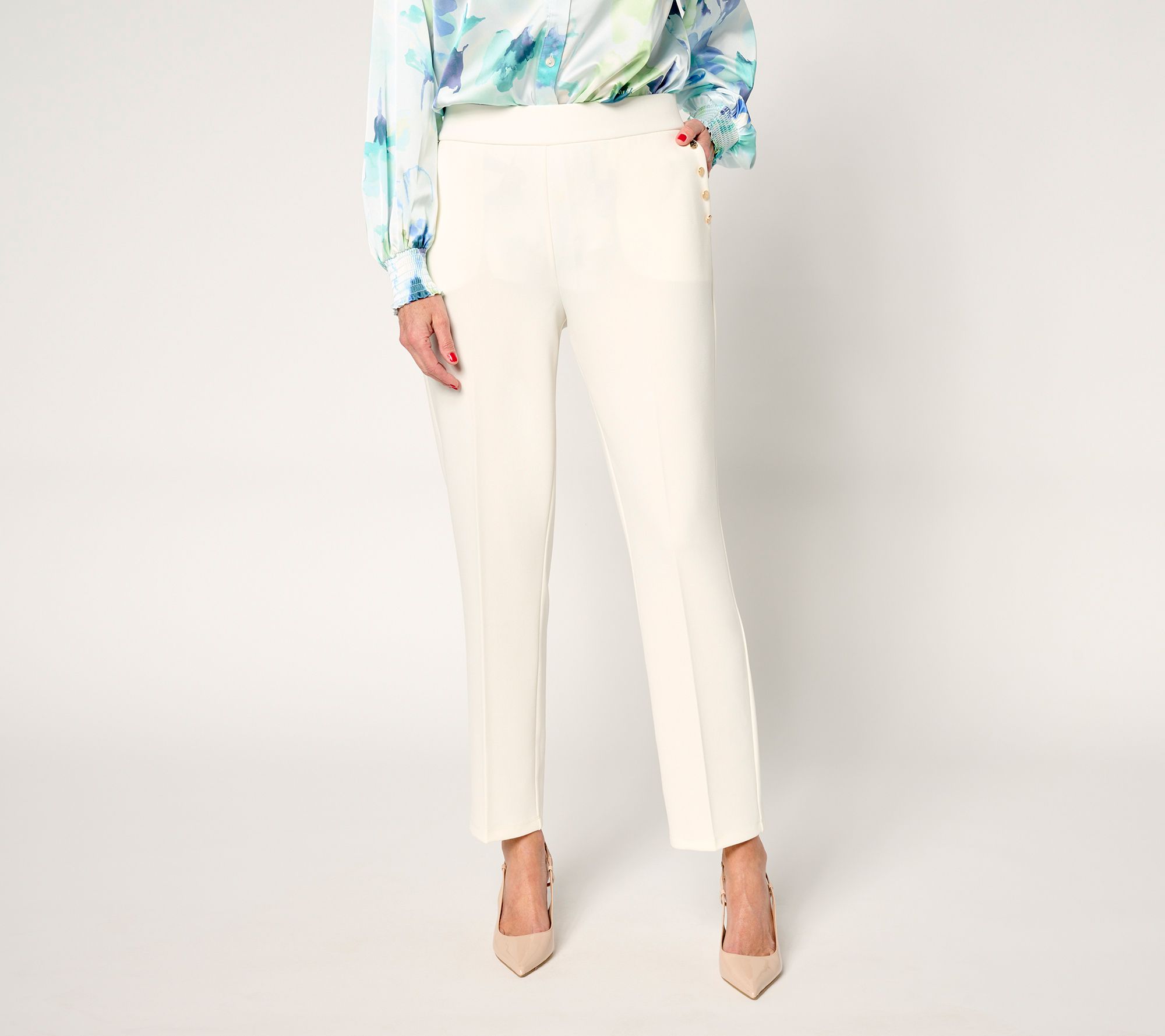"As Is" Dennis Basso Petite Luxe Crepe Ankle Pant w/ Gold Buttons