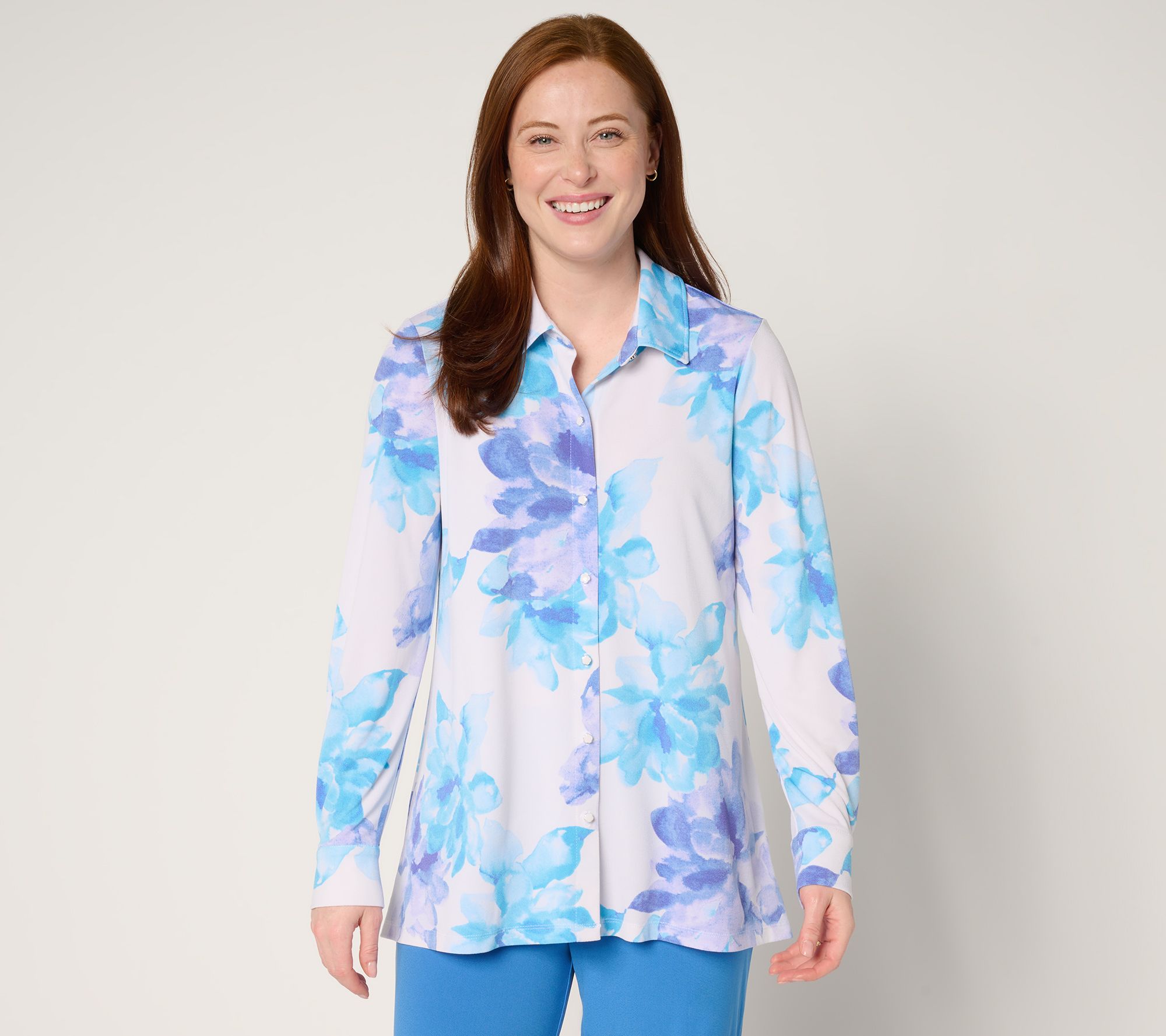 "As Is" Dennis Basso Petite Printed Caviar Crepe Top with Enamel Buttons