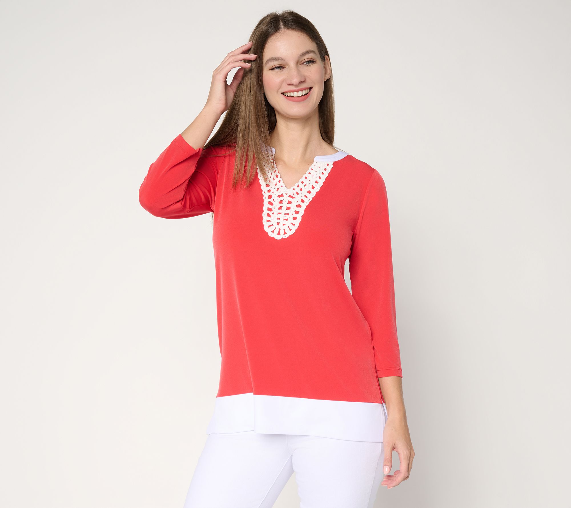 Susan Graver Petite Liquid Knit Split-Neck Tunic with Trim Detail