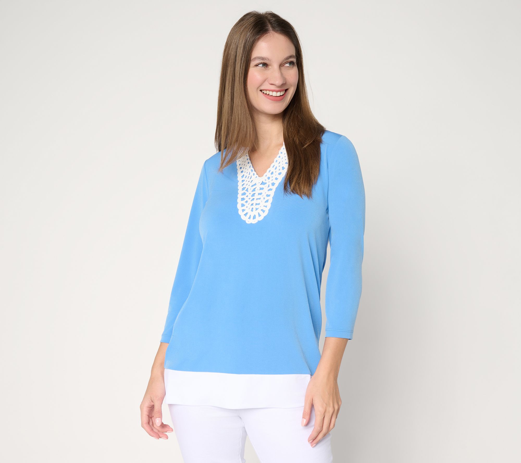 Susan Graver Petite Liquid Knit Split-Neck Tunic with Trim Detail