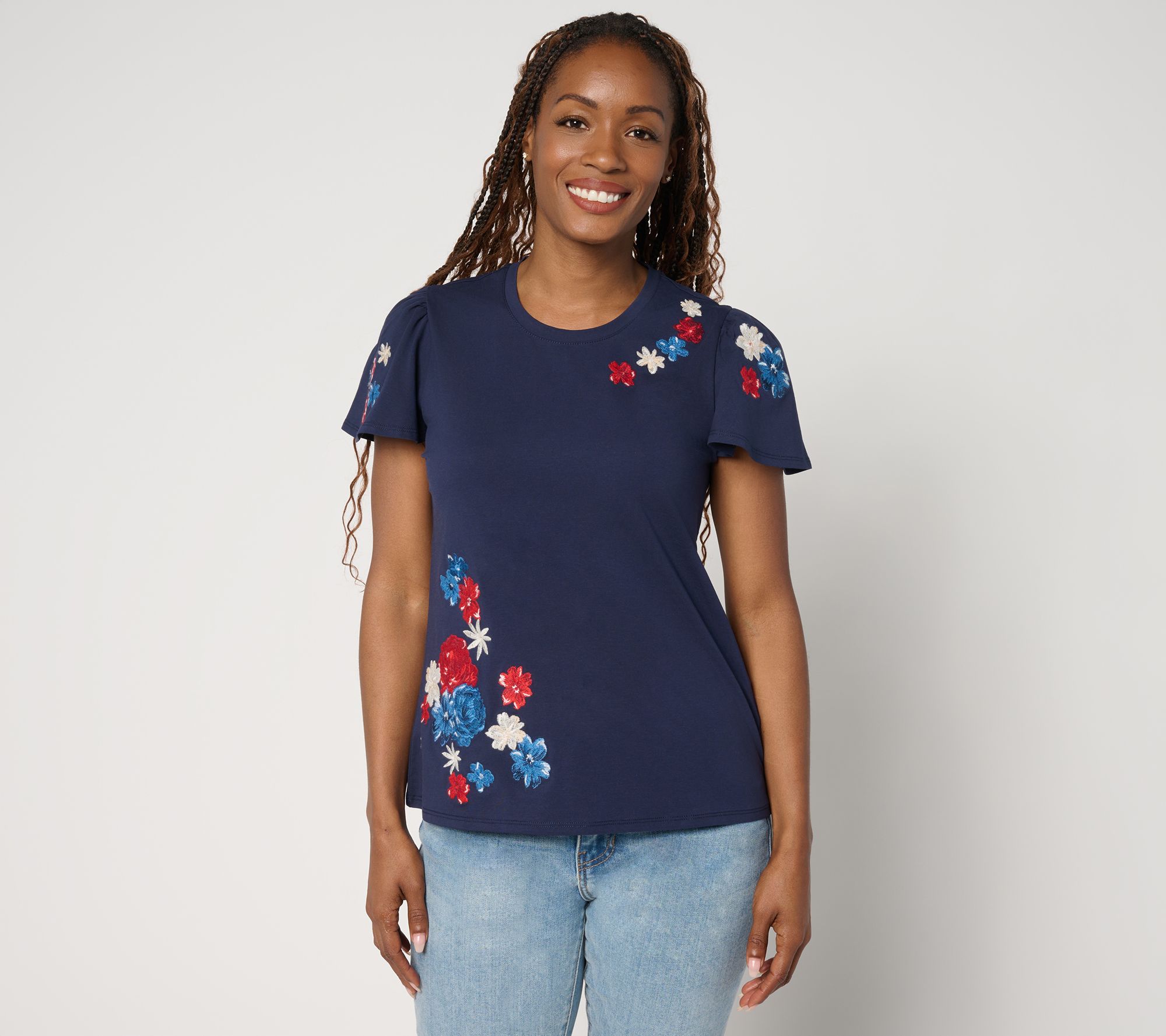 "As Is" Driftwood Jeans Relaxed Flutter Tee - Floral Flag