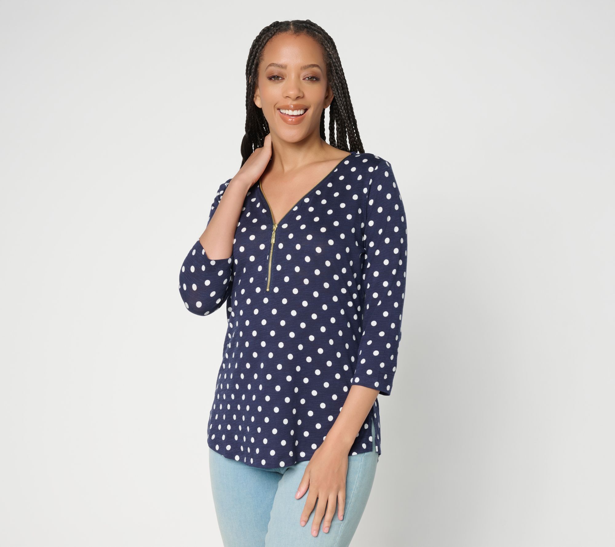 Belle by Kim Gravel Polka Dot Signature Zip Knit Top