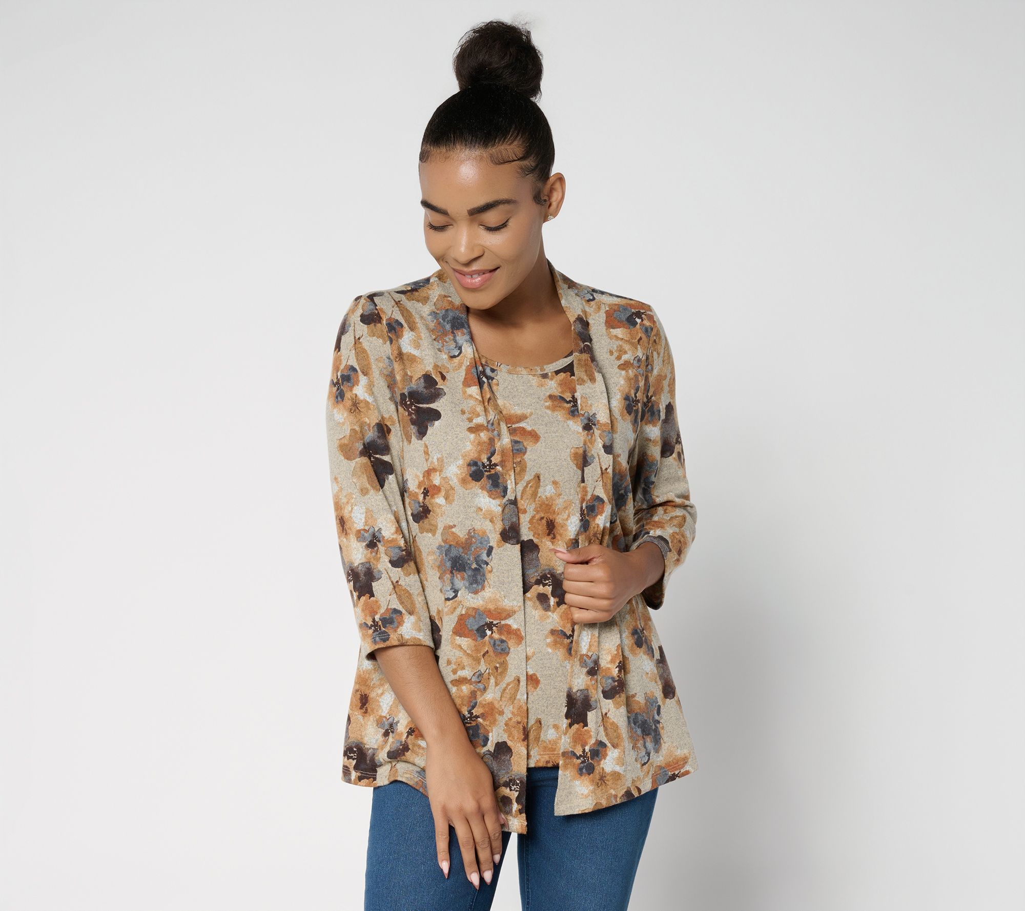 "As Is" Denim & Co. Print or Solid Heavenly Jersey Cardigan Tank 2fer