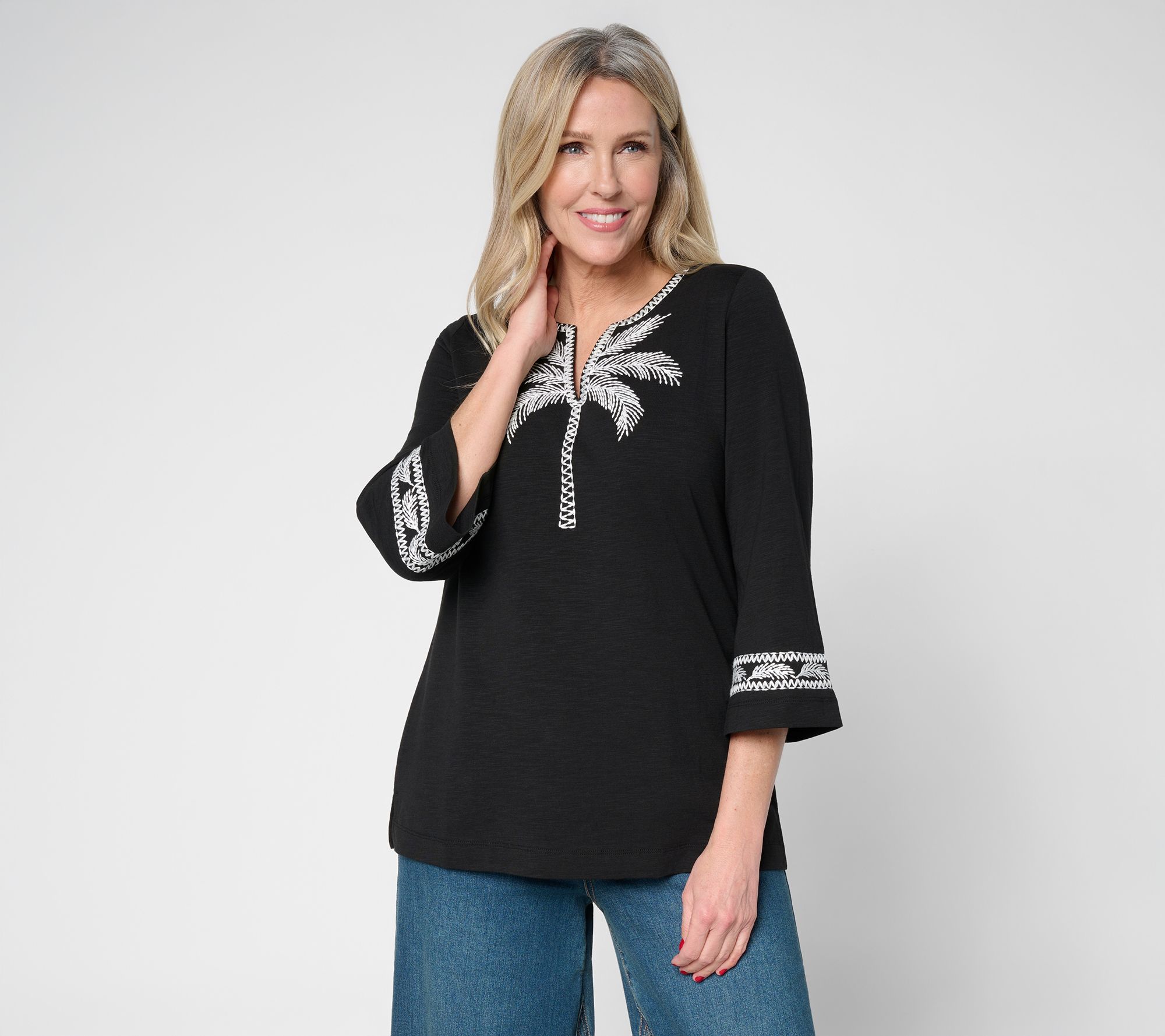 Belle Beach by Kim Gravel Slub Knit Palm Embroidered Split Neck Top