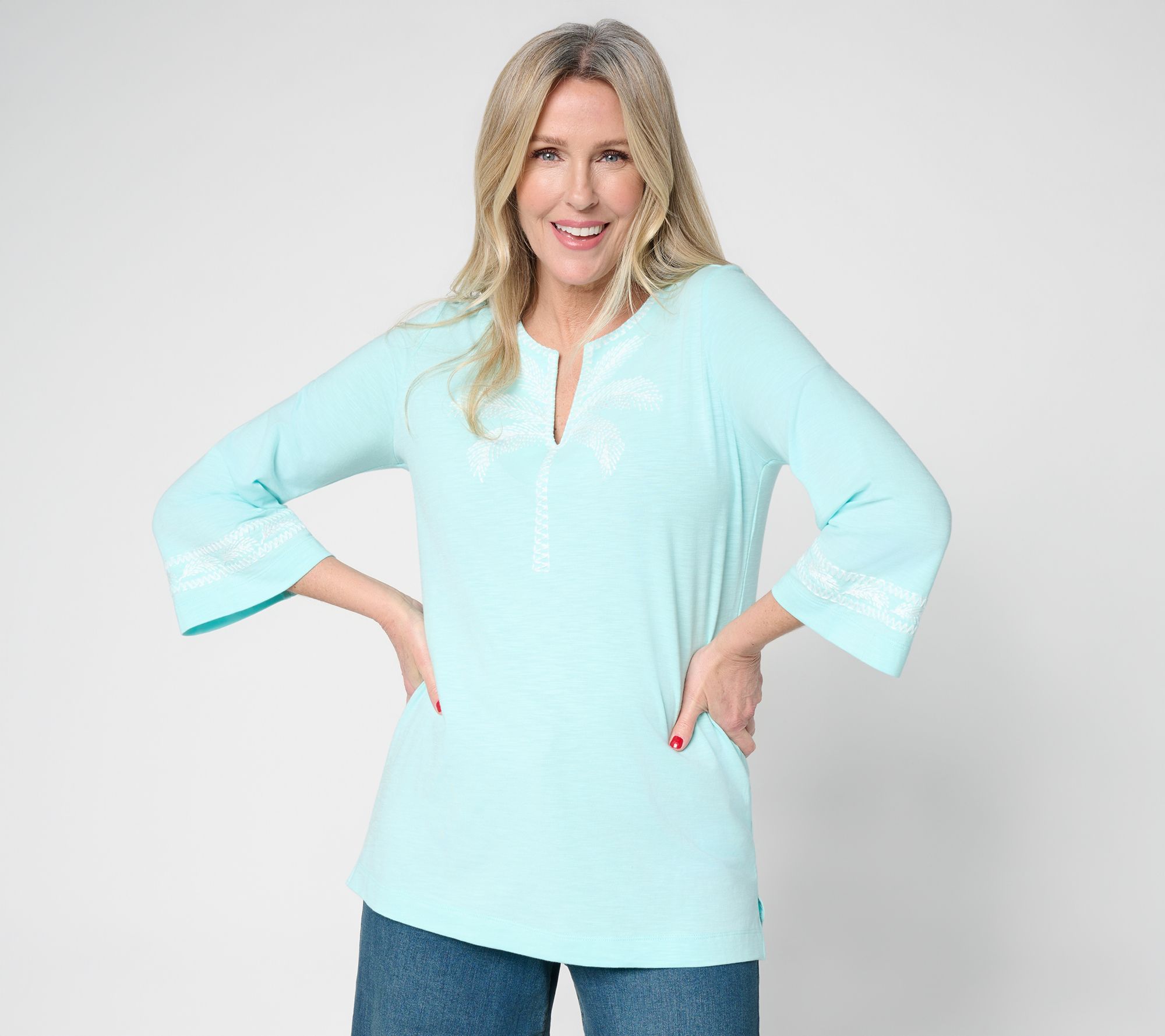 Belle Beach by Kim Gravel Slub Knit Palm Embroidered Split Neck Top