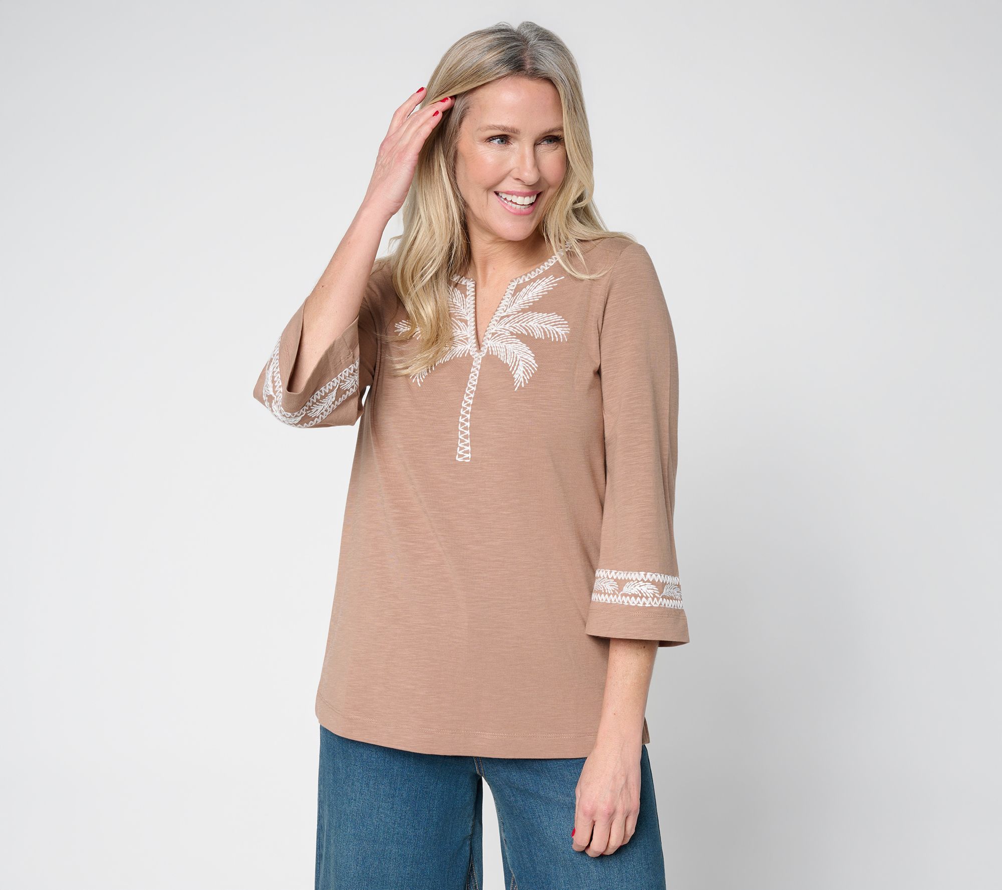 Belle Beach by Kim Gravel Slub Knit Palm Embroidered Split Neck Top