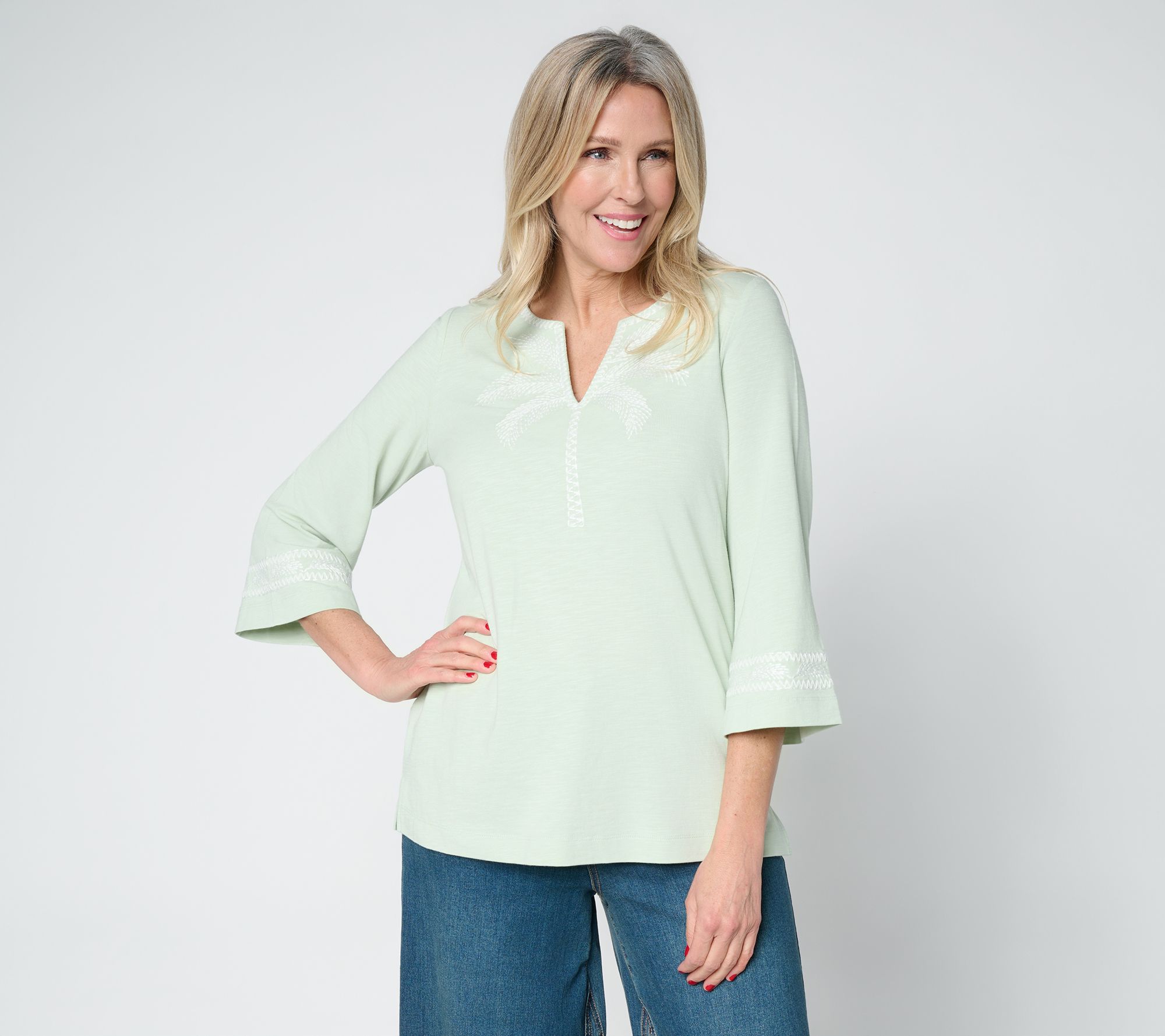 Belle Beach by Kim Gravel Slub Knit Palm Embroidered Split Neck Top