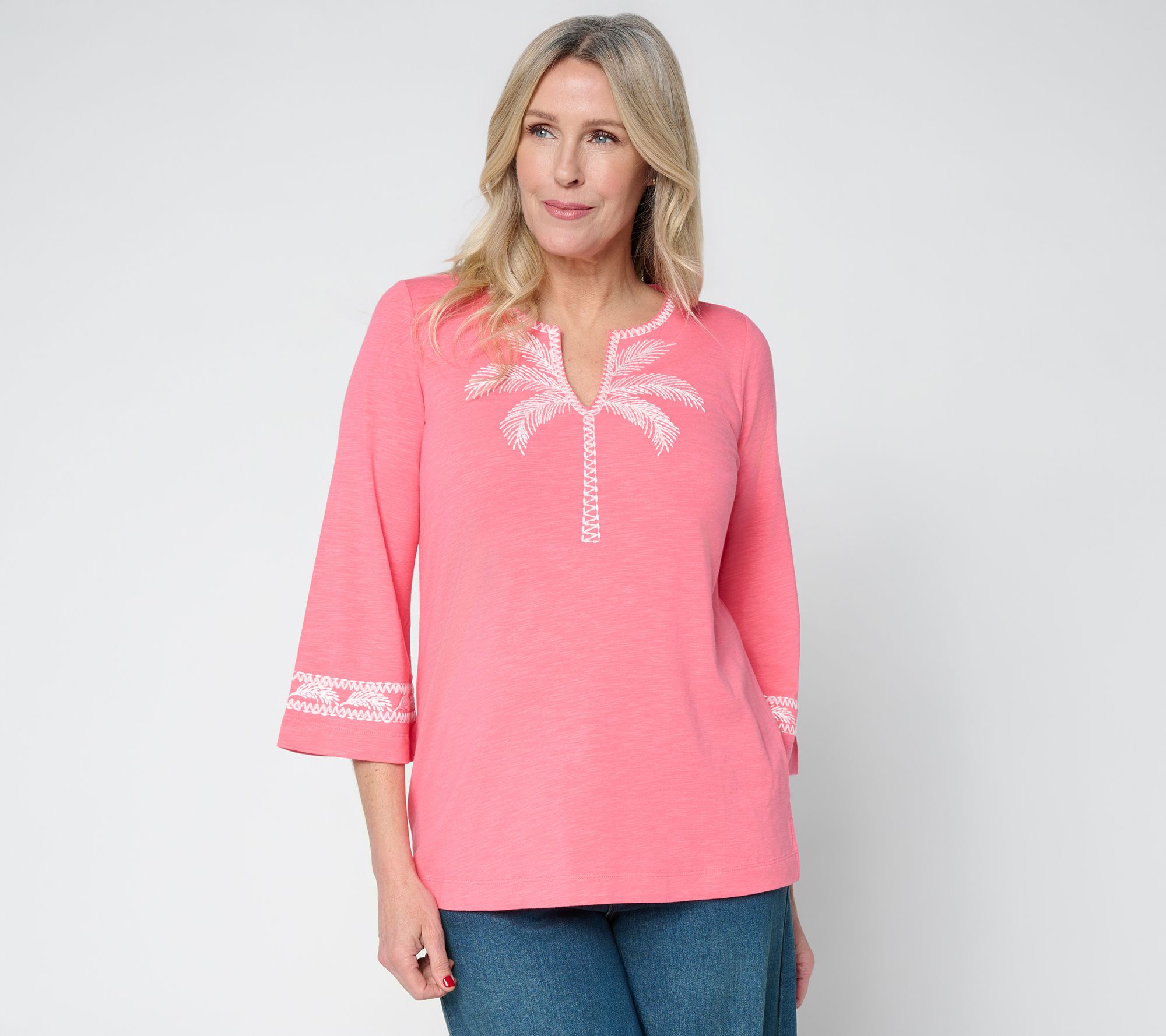 Belle Beach by Kim Gravel Slub Knit Palm Embroidered Split Neck Top