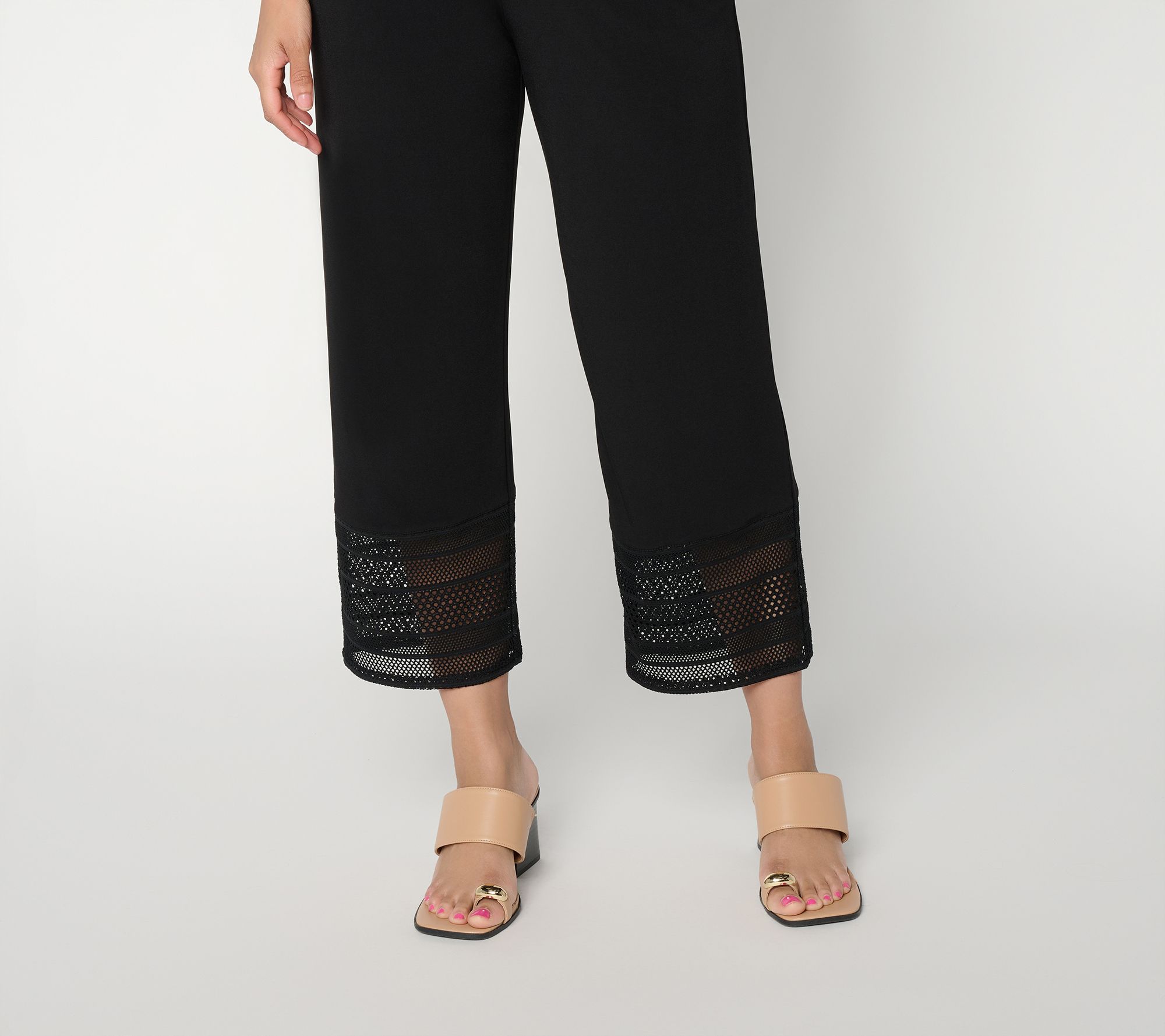 Susan Graver Petite Liquid Knit Crop Pant with Crochet Lace