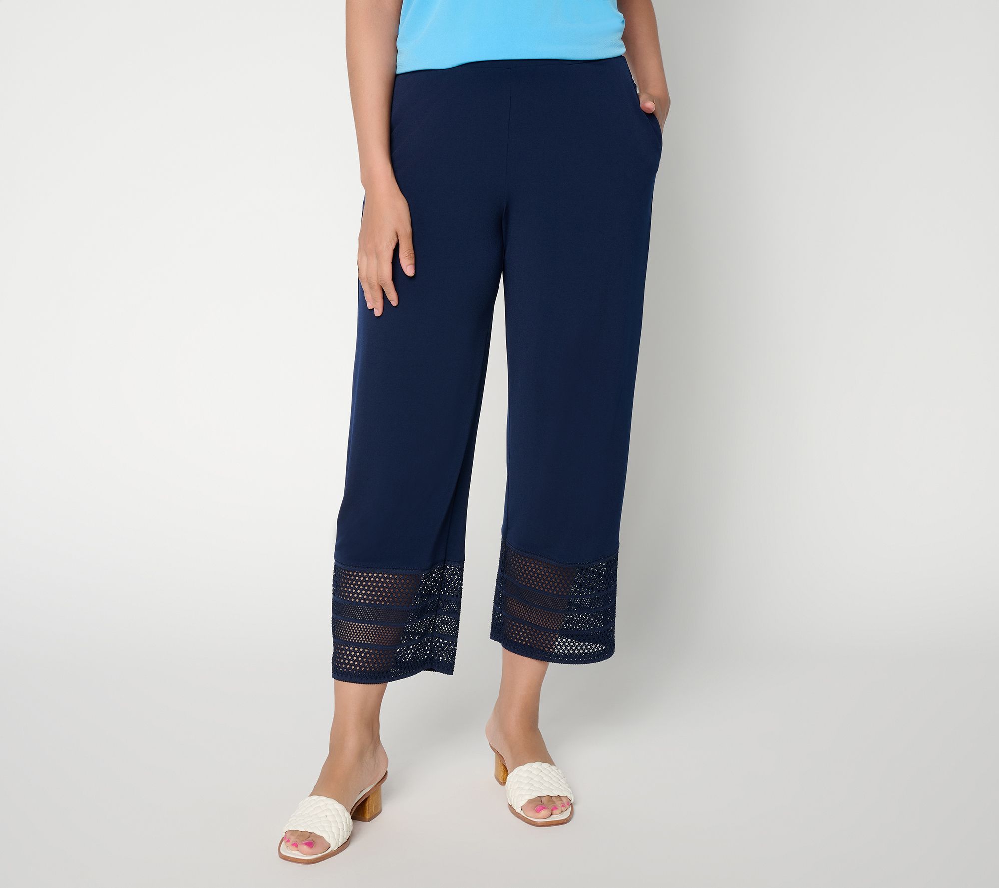 Susan Graver Petite Liquid Knit Crop Pant with Crochet Lace