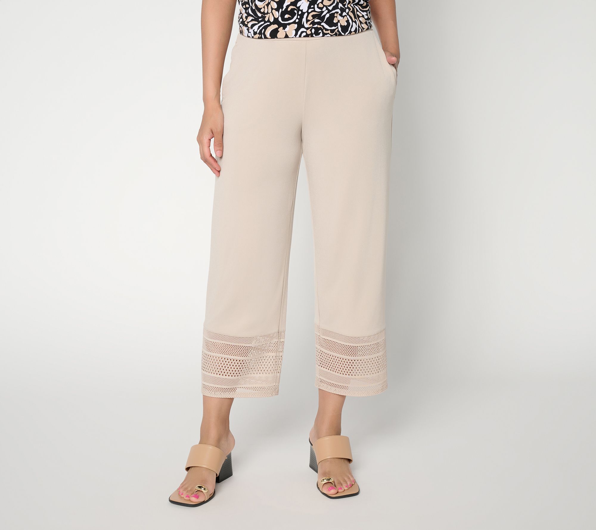 Susan Graver Petite Liquid Knit Crop Pant with Crochet Lace