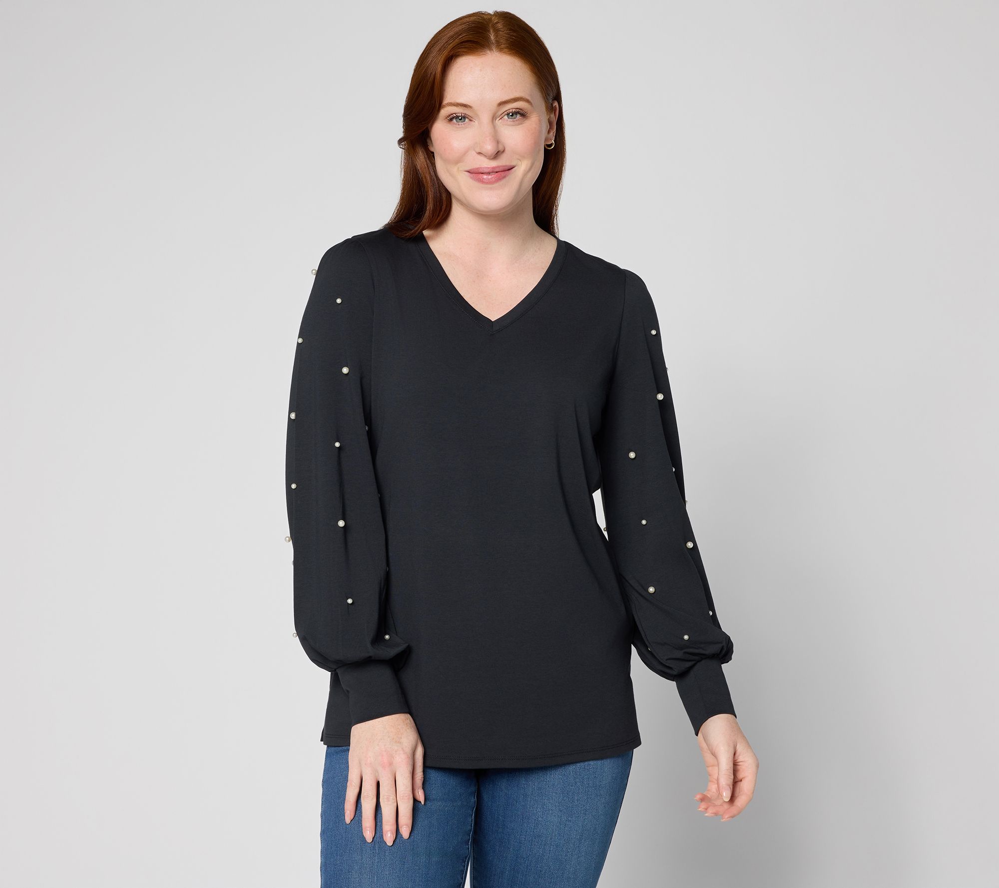 "As Is" Belle by Kim Gravel TripleLuxe Knit Uptown Pearls Trimmed Top