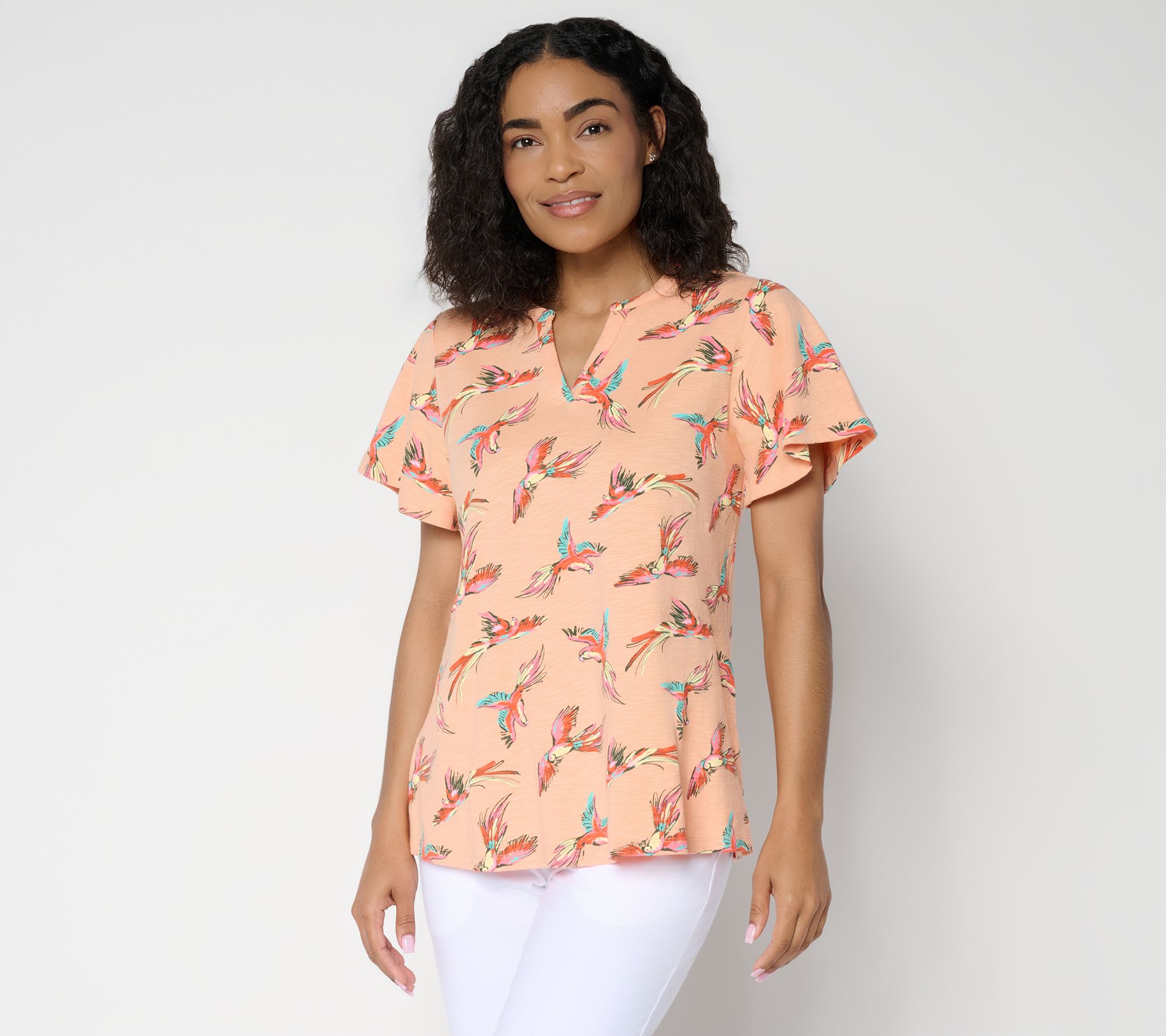 Denim & Co. Printed Texture Knit Short Sleeve Split Neck Top