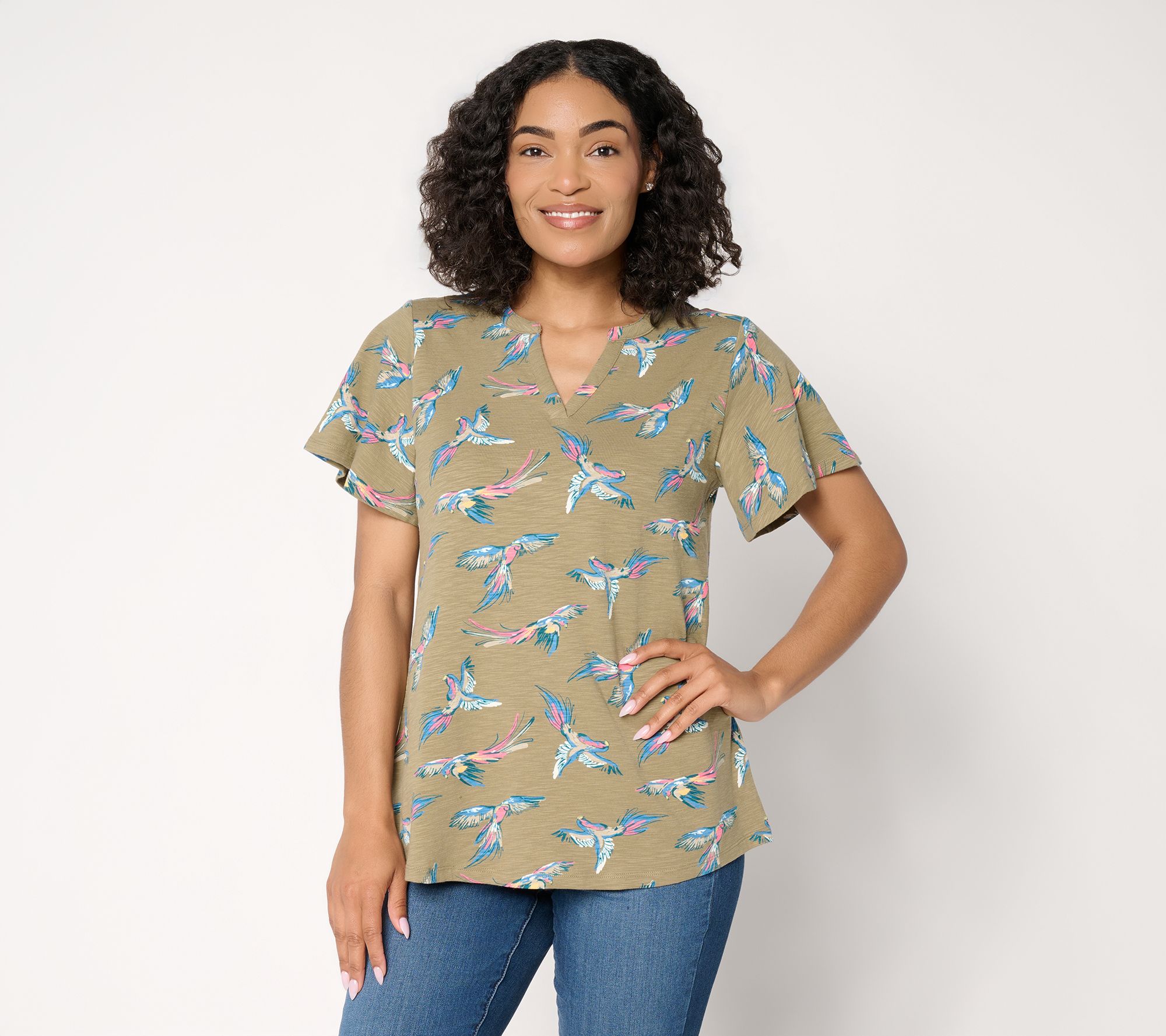 Denim & Co. Printed Texture Knit Short Sleeve Split Neck Top