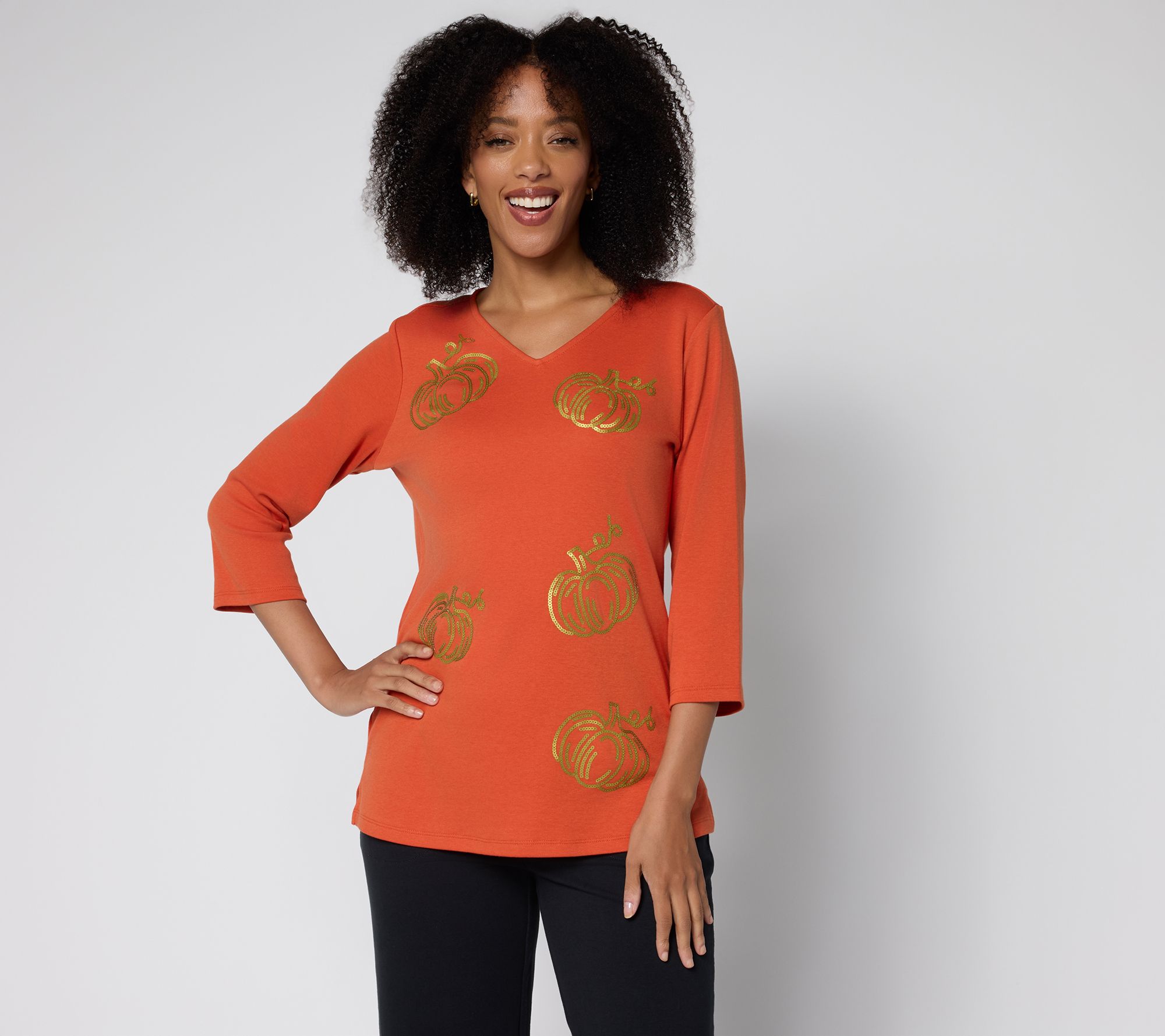 "As Is" Quacker Factory Cute As A Pumpkin V-Neckline 3/4 Sleeve Top
