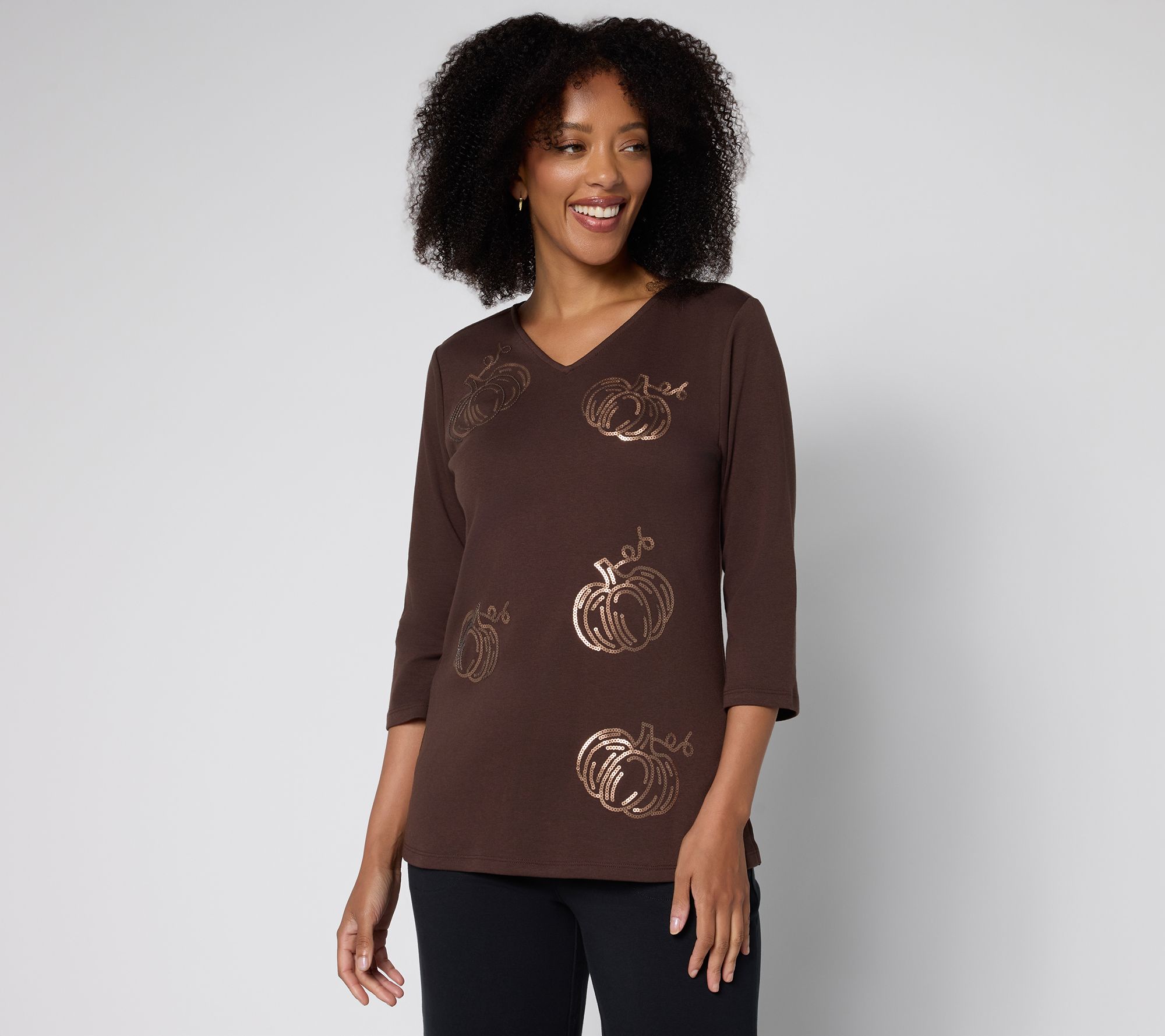 "As Is" Quacker Factory Cute As A Pumpkin V-Neckline 3/4 Sleeve Top
