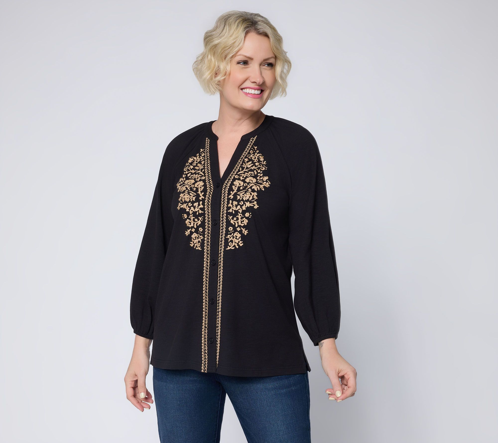 Ree by The Pioneer Woman Split Neck Embroidered Top
