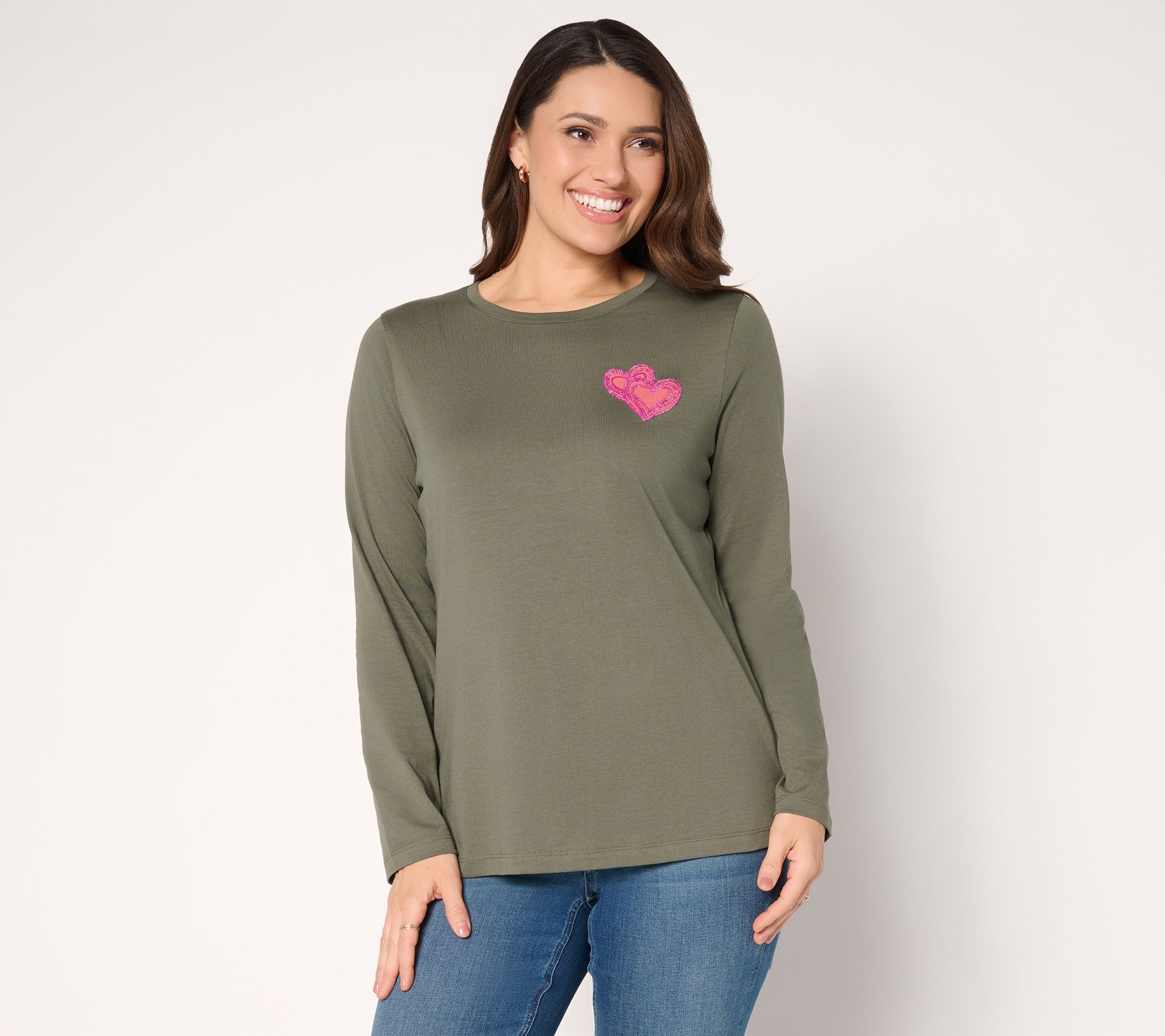 "As Is" Denim & Co. 100% Cotton Embellished Double Heart Top