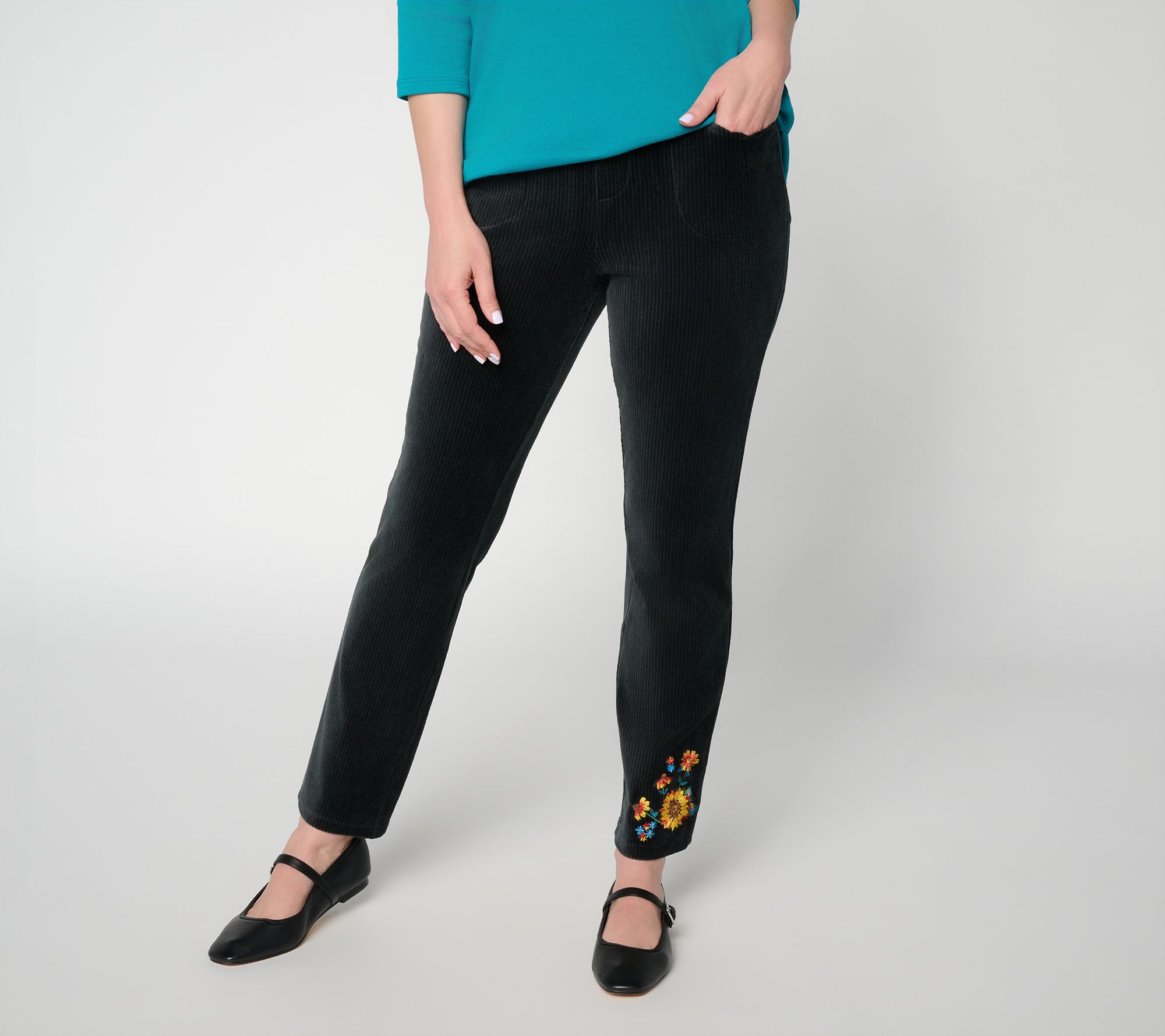 Quacker Factory Regular Corduroy Straight Leg Floral Pants