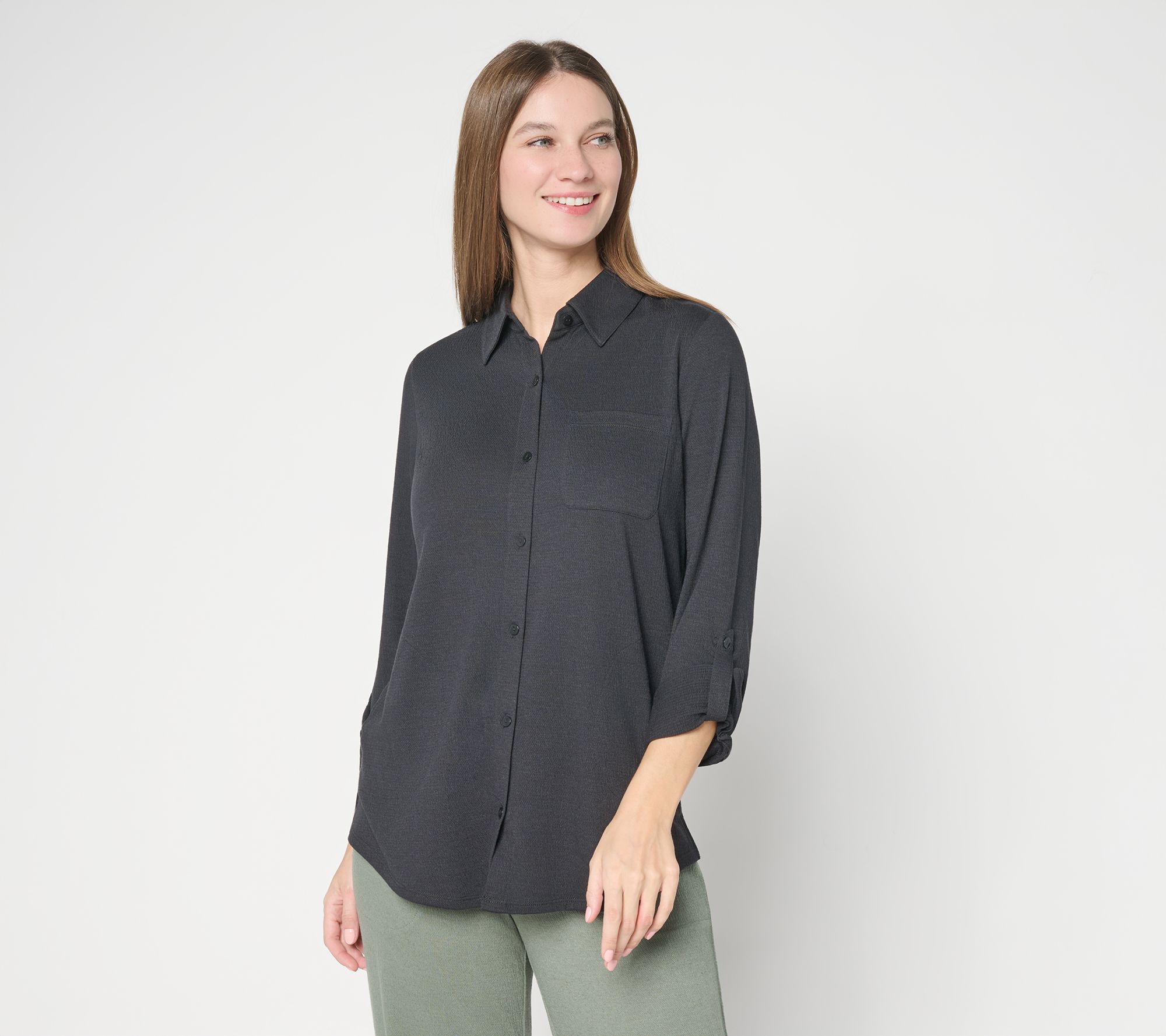 "As Is" Denim & Co. Beach Knit Gauze Button-Front Big Shirt