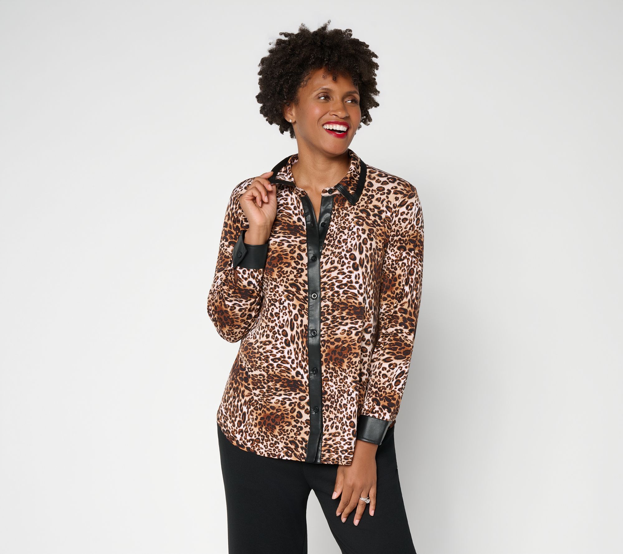 Susan Graver Printed Liquid Knit Shirt w/ Faux Leather Trim