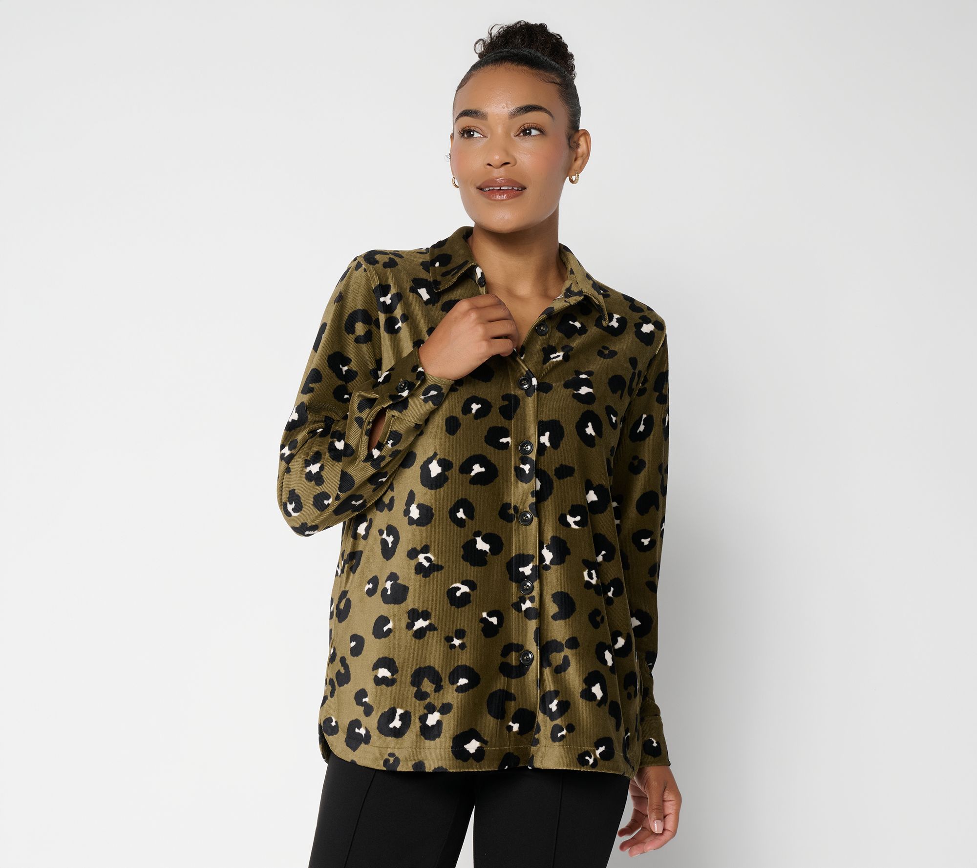Susan Graver Weekend Printed Fine- Wale Knit Corduroy Shirt