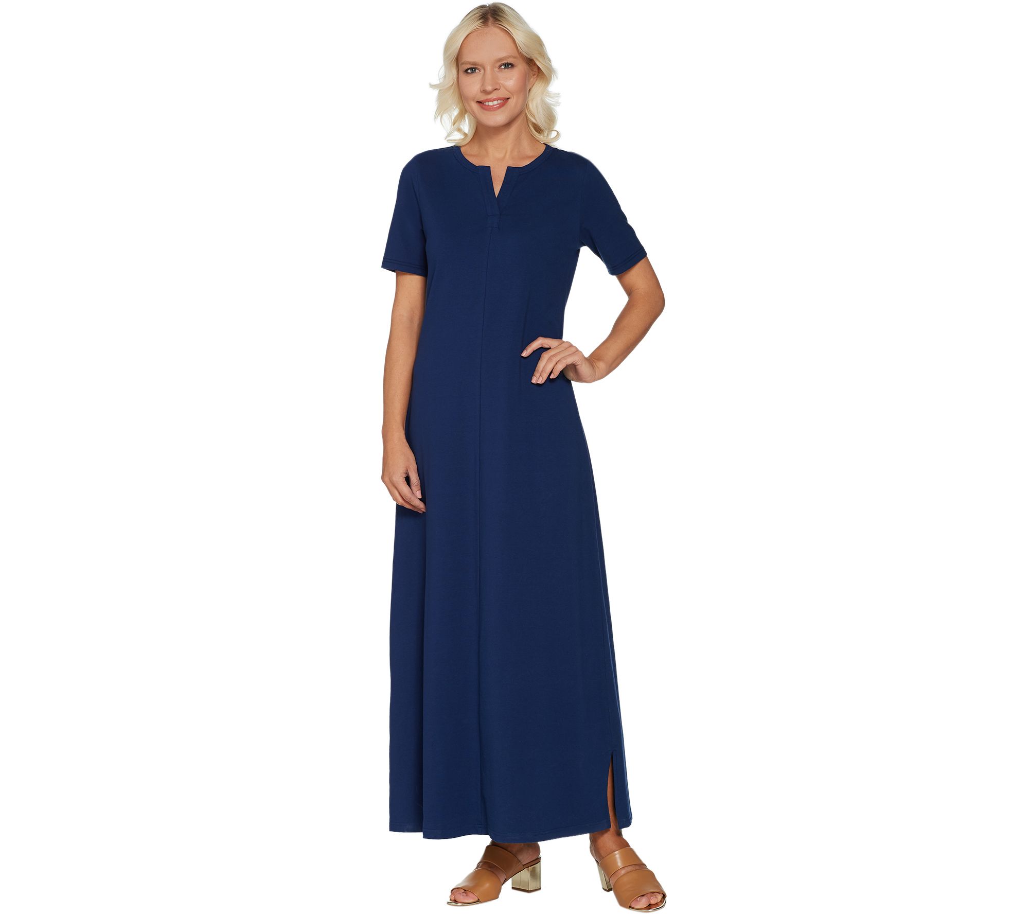 Denim & Co. Essentials Split V-Neck Short Sleeve Knit Maxi Dress — QVC.com
