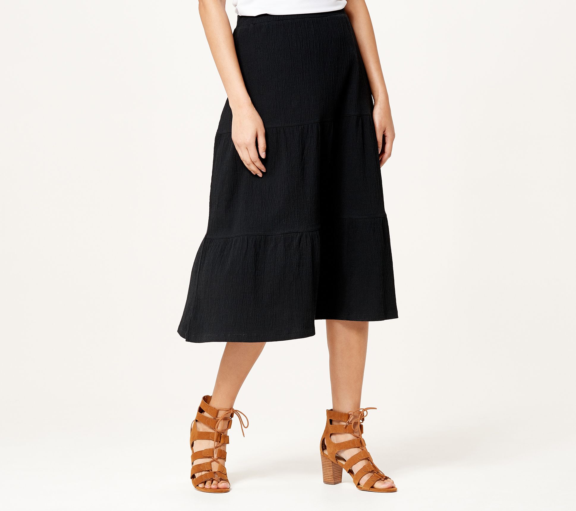 Denim & Co. Petite Knit Gauze Tiered Midi Skirt