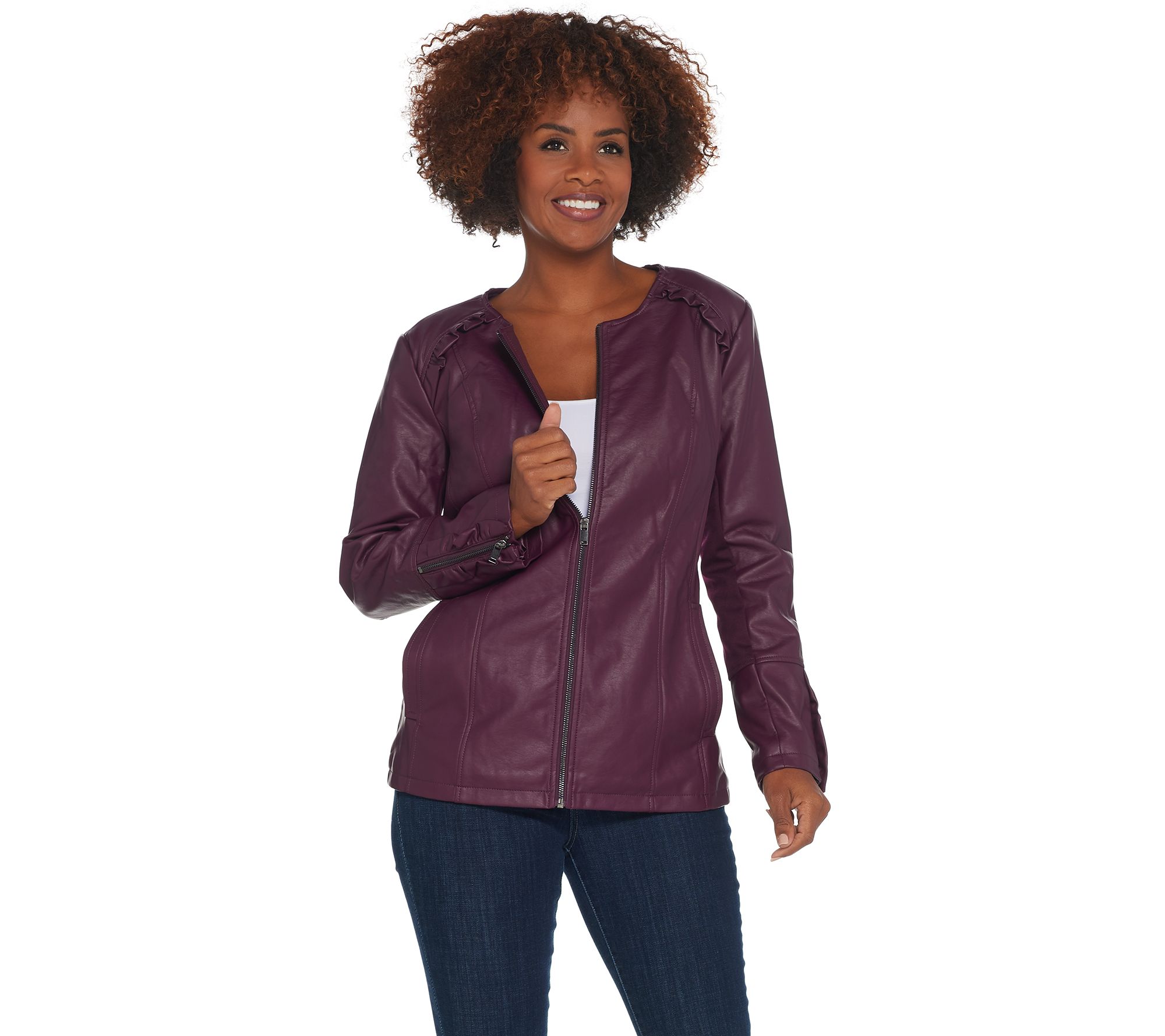 "As Is" Denim & Co. Faux Leather Zip Front Jacket w/ Ruffle Detail