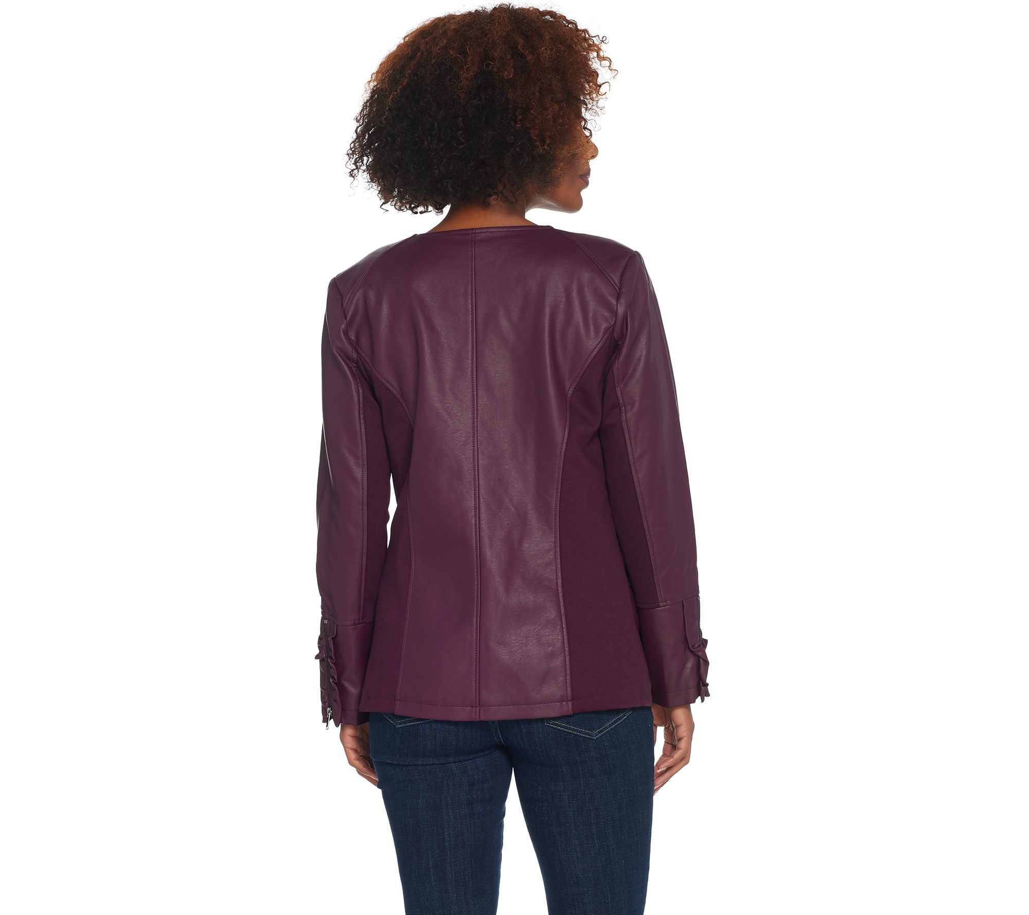 "As Is" Denim & Co. Faux Leather Zip Front Jacket w/ Ruffle Detail