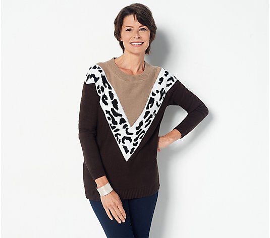 Attitudes by Renee Crew Neck Contrast V Leopard Sweater
