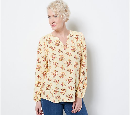 Denim & Co. Printed Woven Top with Crochet Trim
