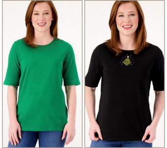 Quacker Factory Set of 2 Twinkle Holiday Elbow Sleeve Tops - A516226