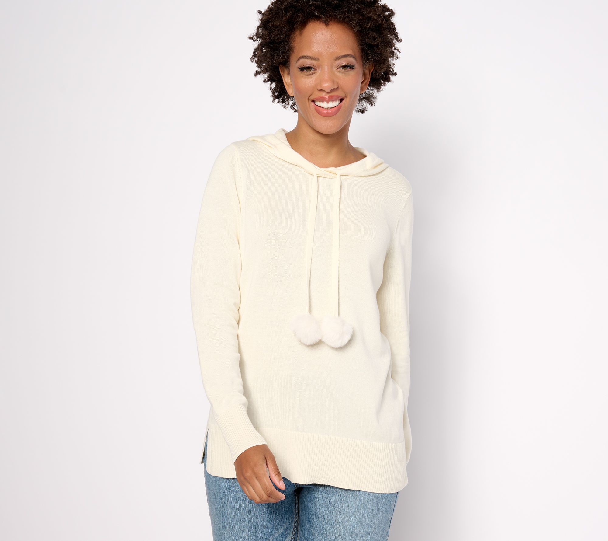 "As Is" Belle by Kim Gravel Hooded Sweater with Faux Fur Pom Poms