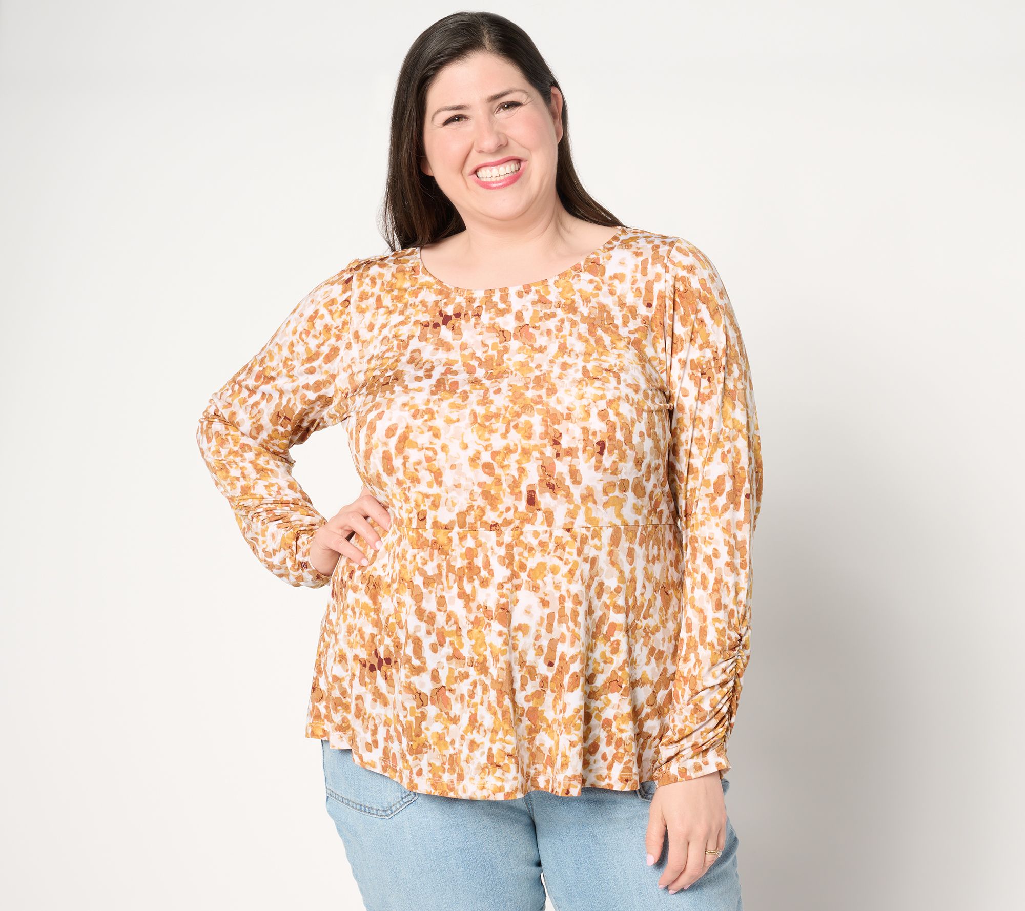 Susan Graver Printed Liquid Knit Bateau Neck Long-Slv Peplum Top