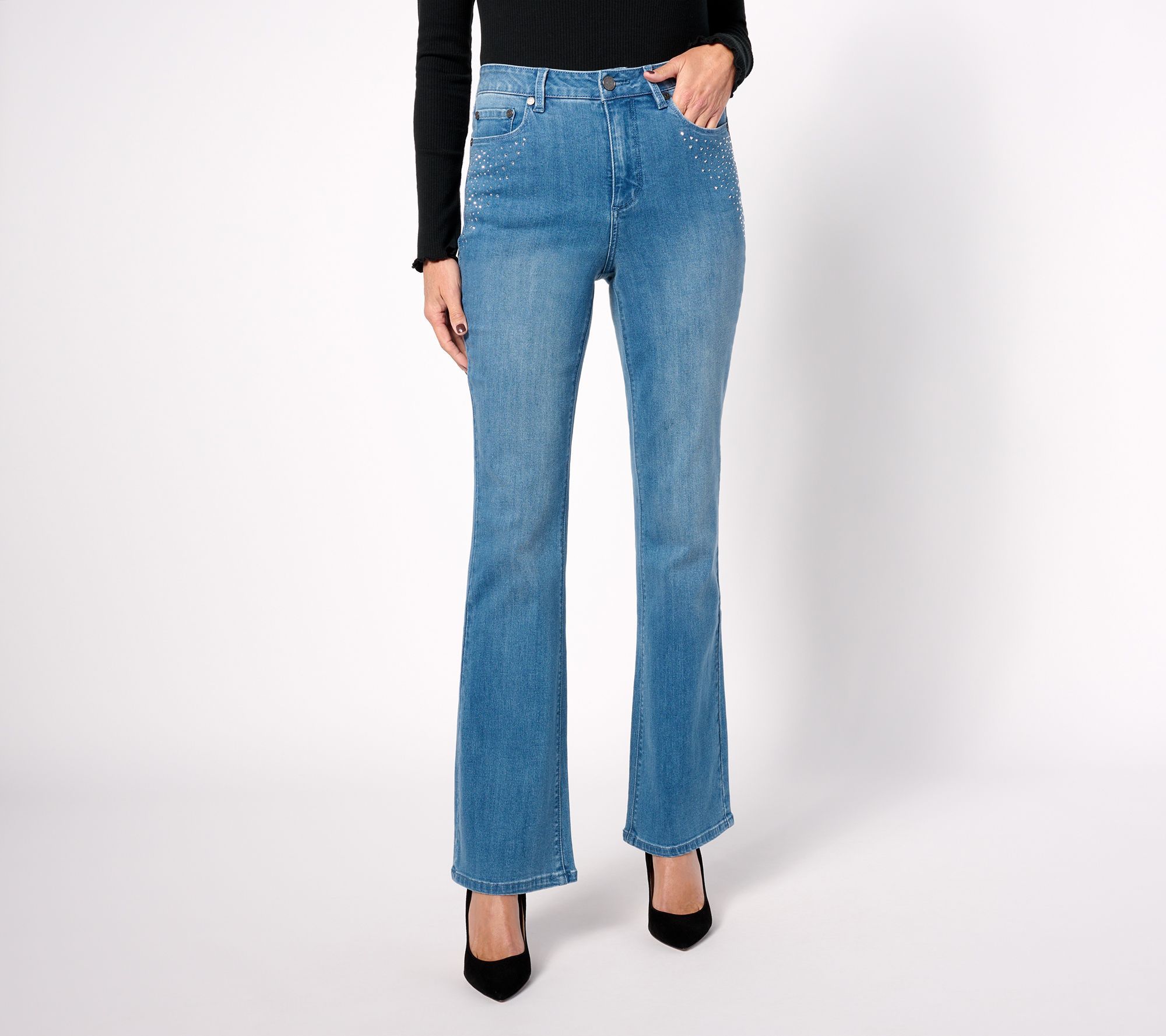 "As Is" Susan Graver Petite Embellished Pocket Boot Cut Jeans