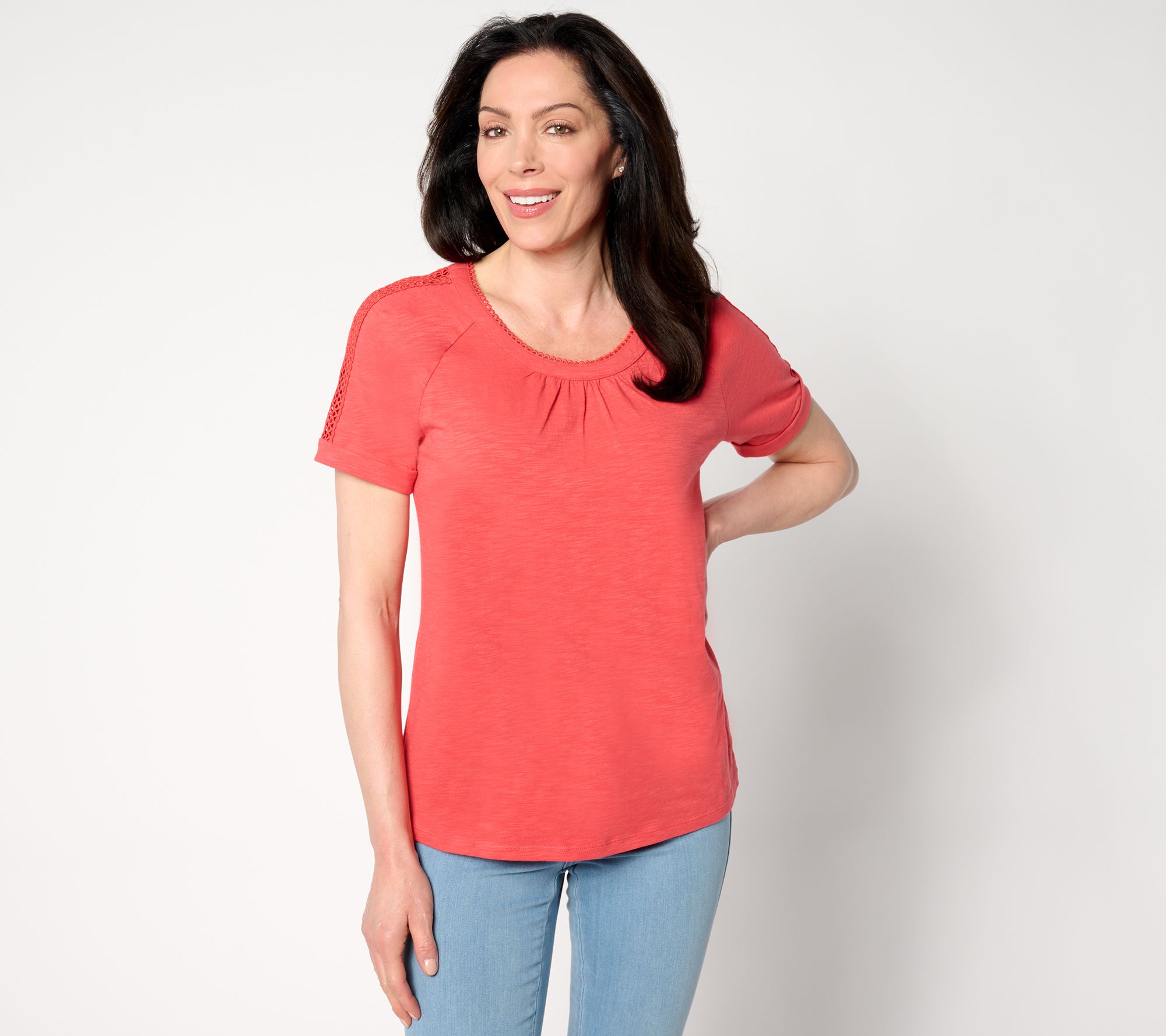 Denim & Co. Texture Knit Round Neck Short Sleeve Lace Detail Top