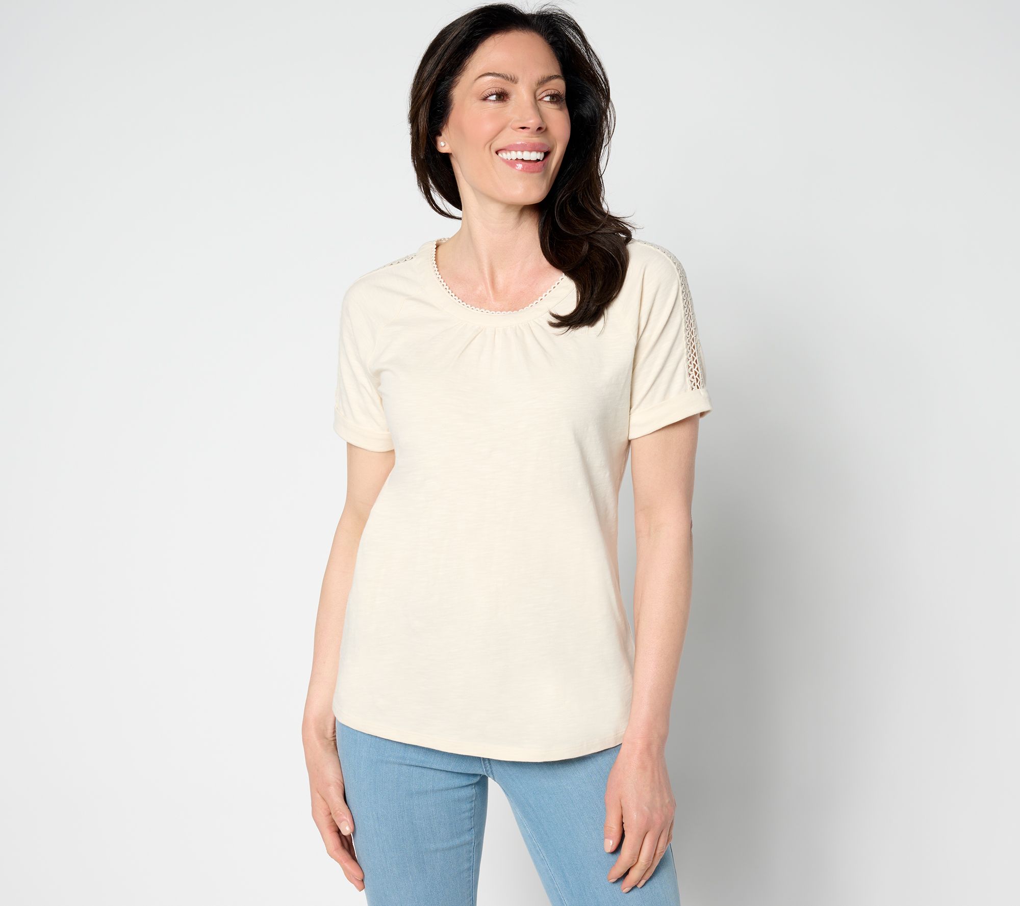 Denim & Co. Texture Knit Round Neck Short Sleeve Lace Detail Top