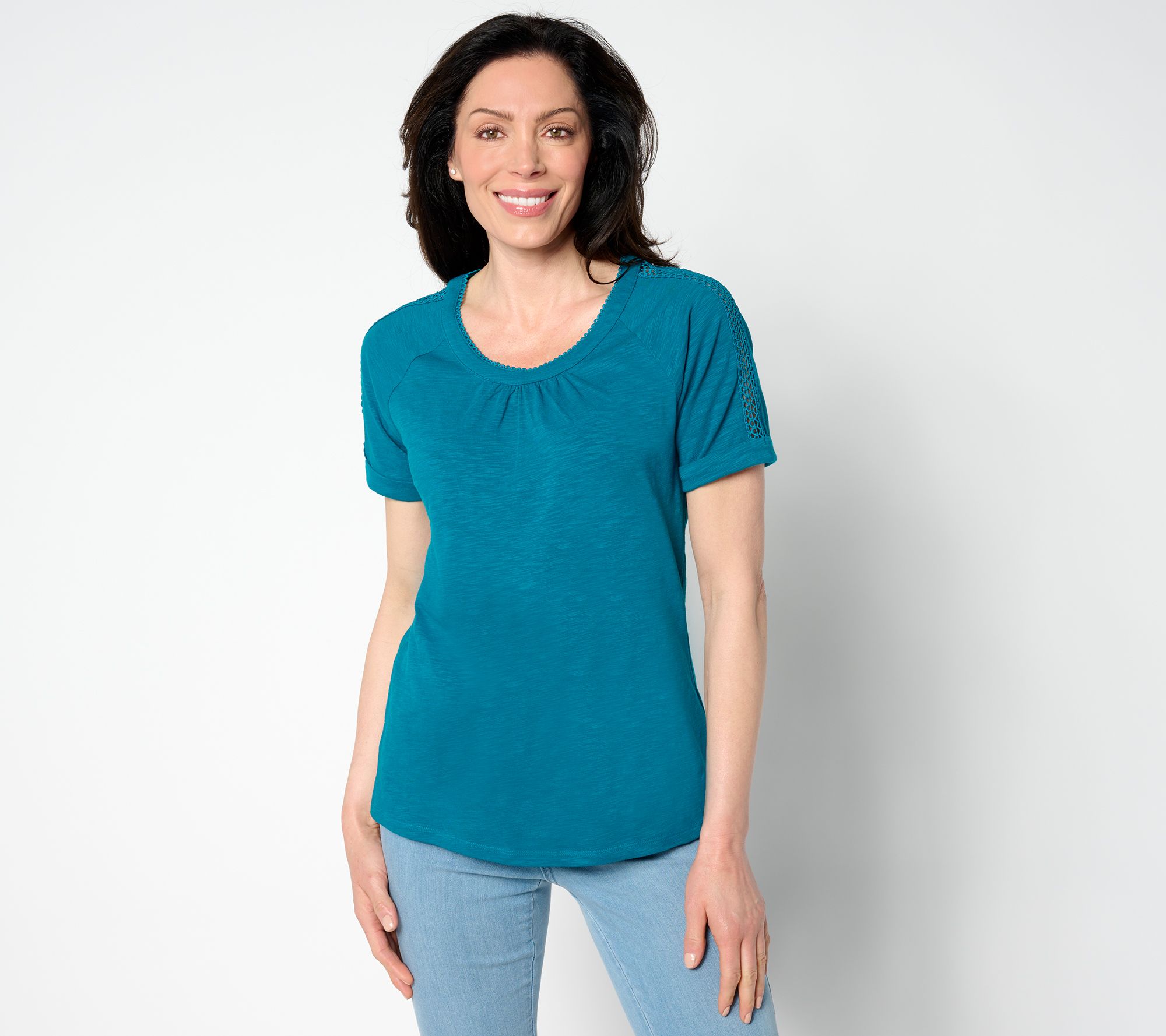 Denim & Co. Texture Knit Round Neck Short Sleeve Lace Detail Top