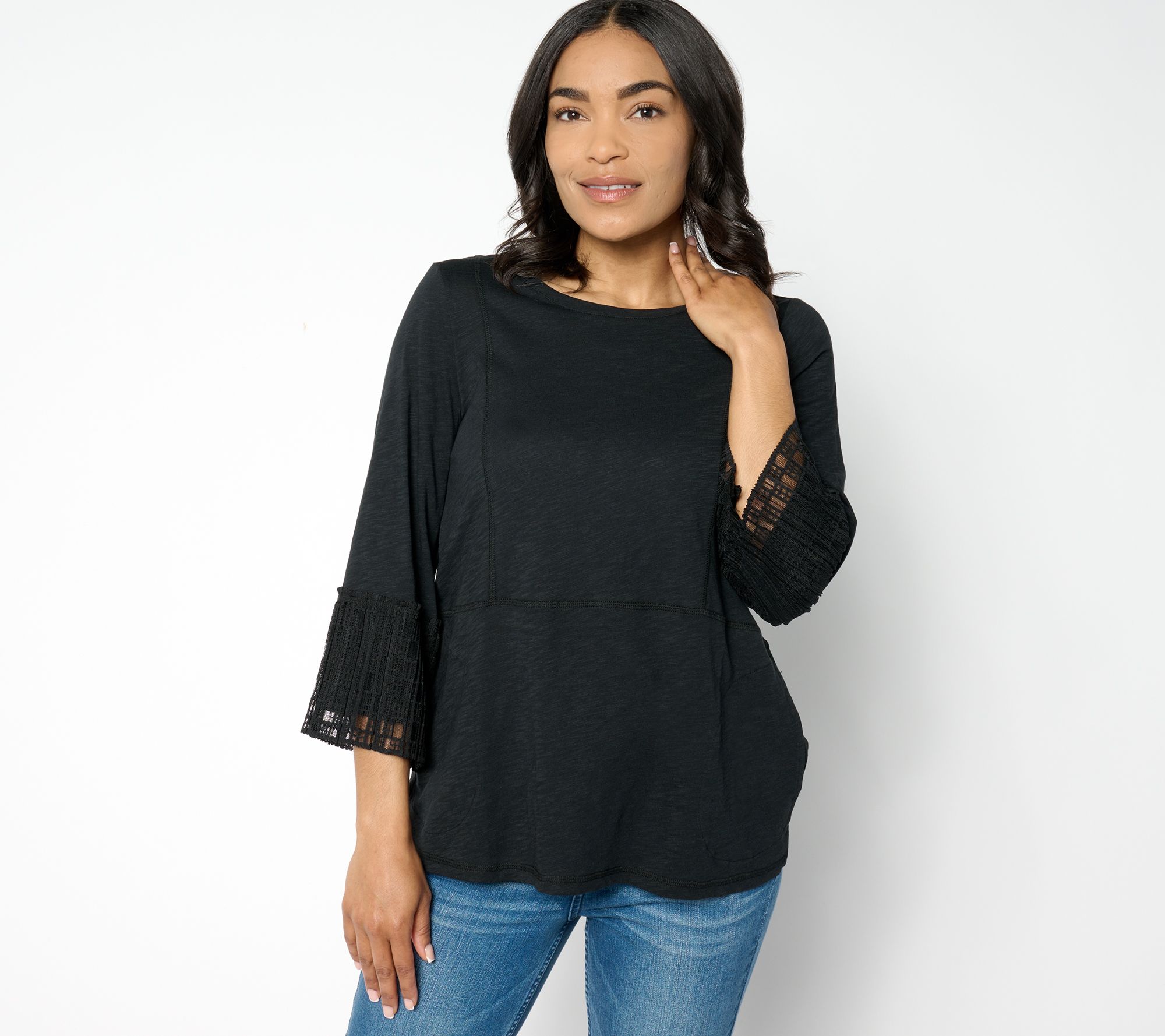 LOGO by Lori Goldstein 3/4 Sleeve Scoop Neck Lace Sleeve Top