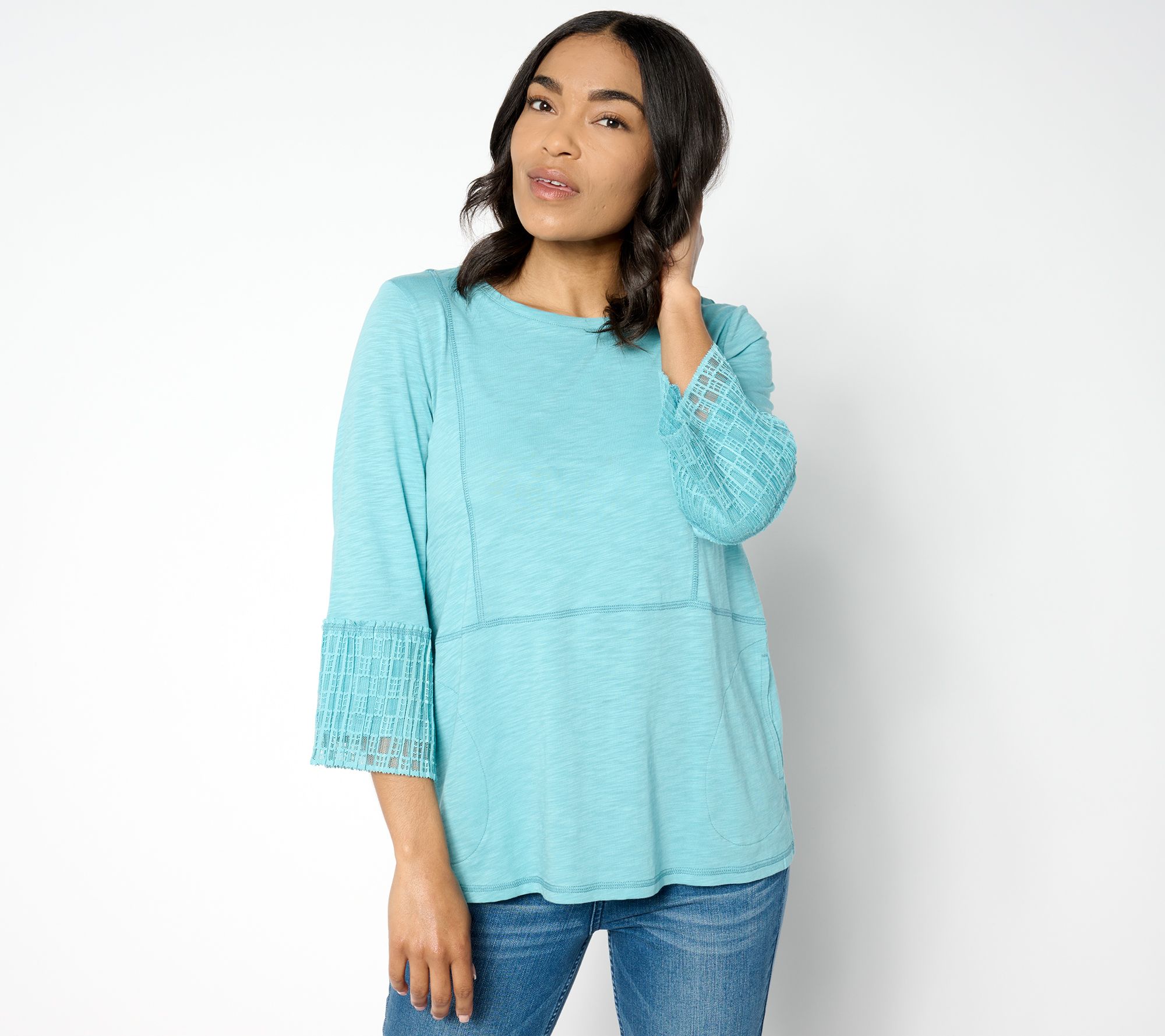 LOGO by Lori Goldstein 3/4 Sleeve Scoop Neck Lace Sleeve Top